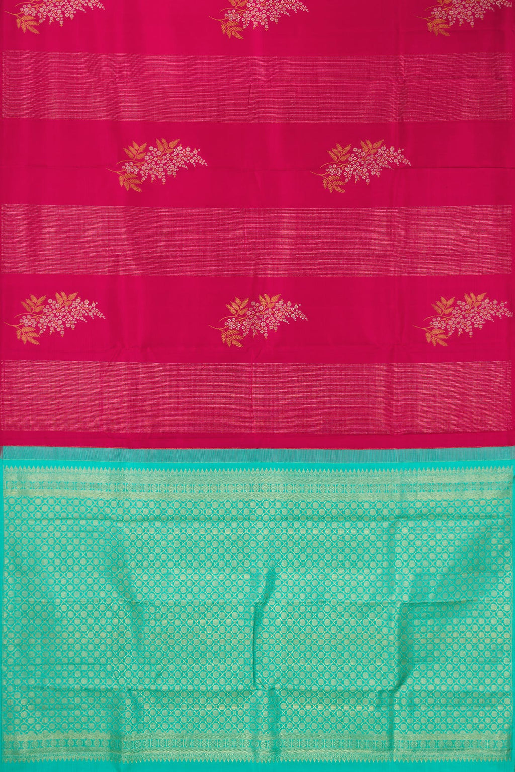Flat view of Pure Silk Dark Pink Dual Tone Kanjivaram Saree with Zari Butta on the body and Without Border. 