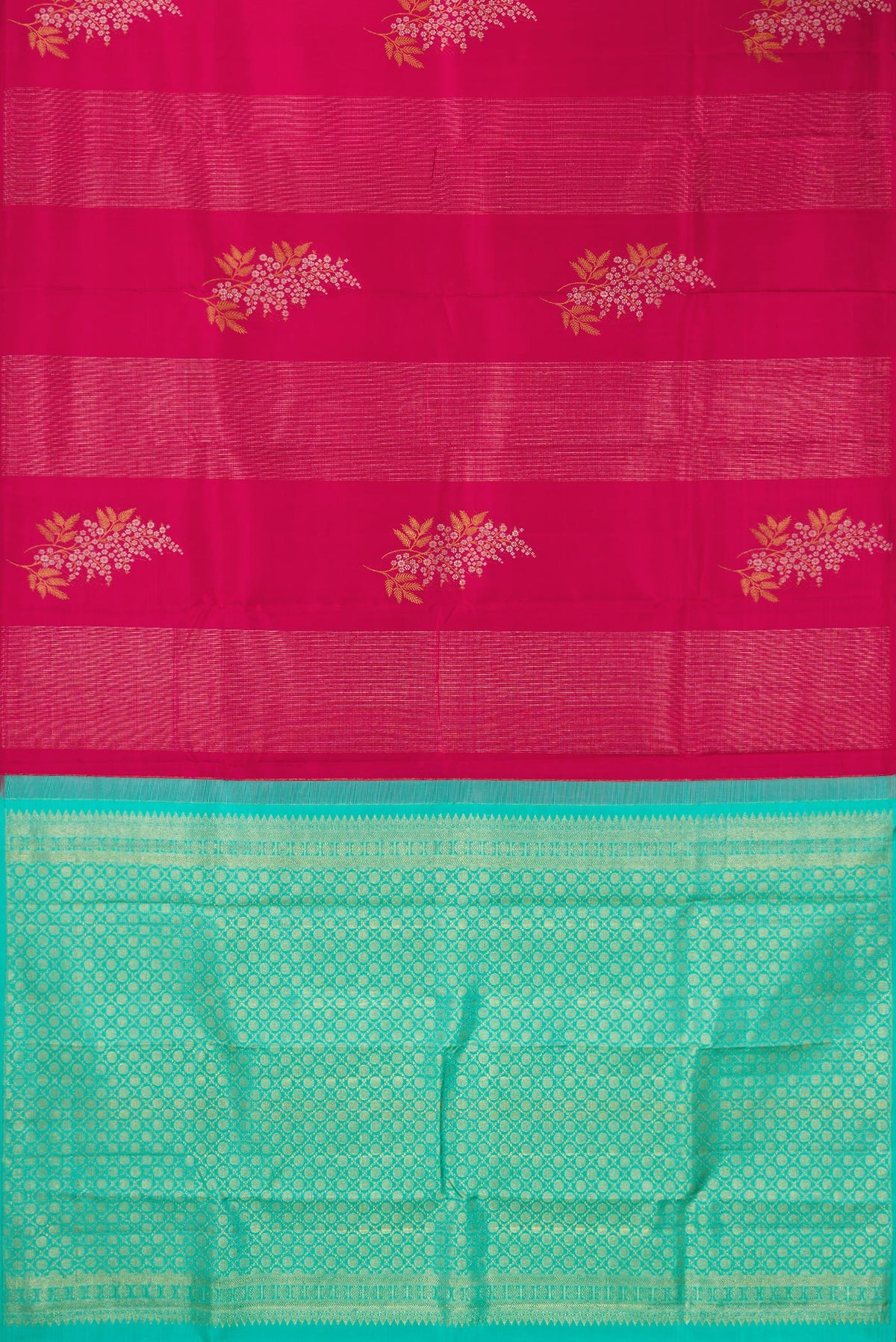 Flat view of Pure Silk Dark Pink Dual Tone Kanjivaram Saree with Zari Butta on the body and Without Border. 