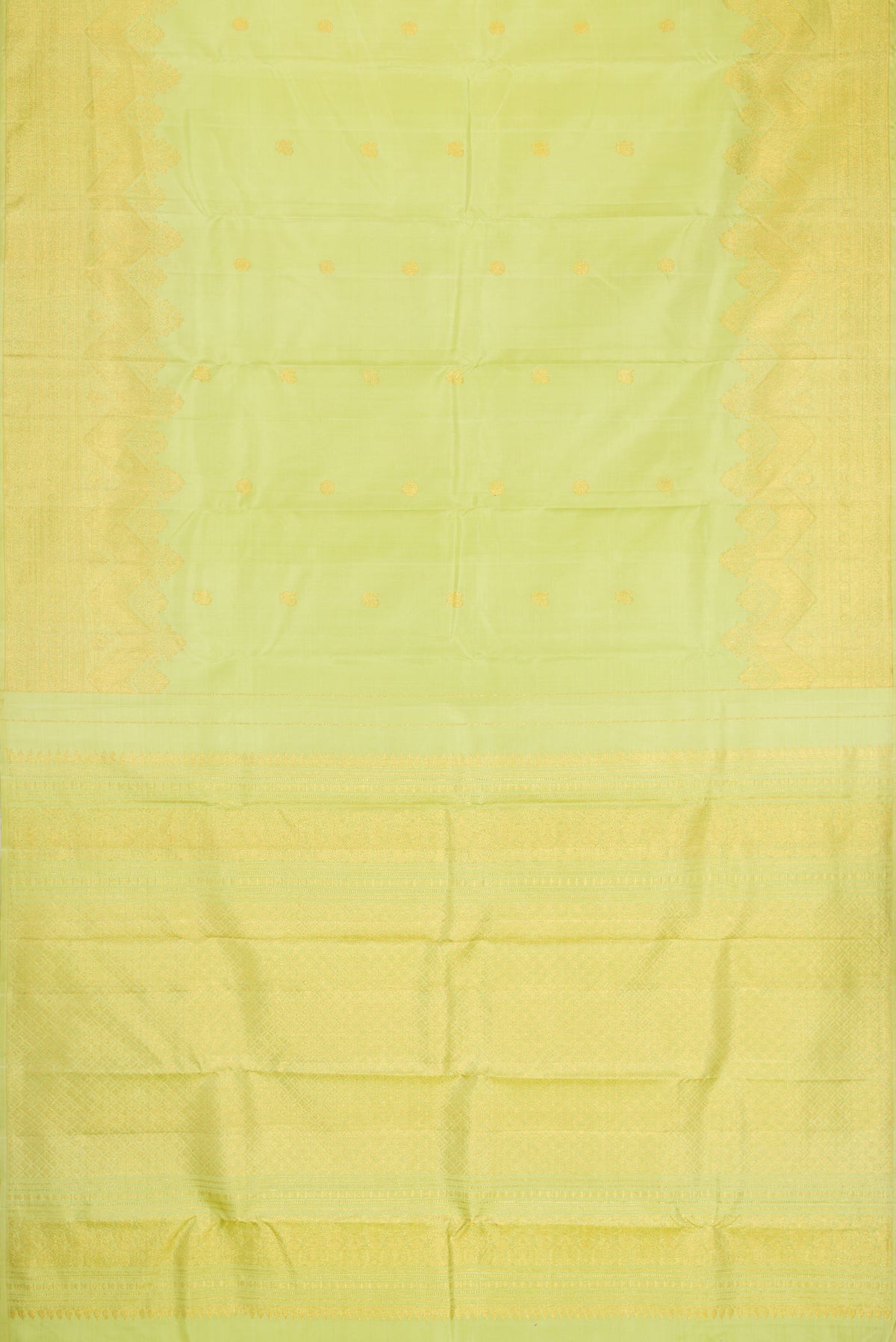 Flat view of Green Dual Tone Kanchipuram Silk Saree with Zari Butta on the body and Zari Border