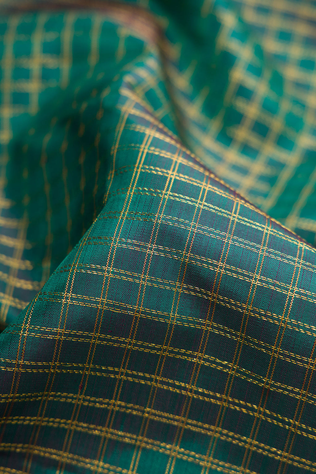 Close up of Green Dual Tone Kanjivaram Silk Saree with Checked design on the body and Zari Border.  displaying folds