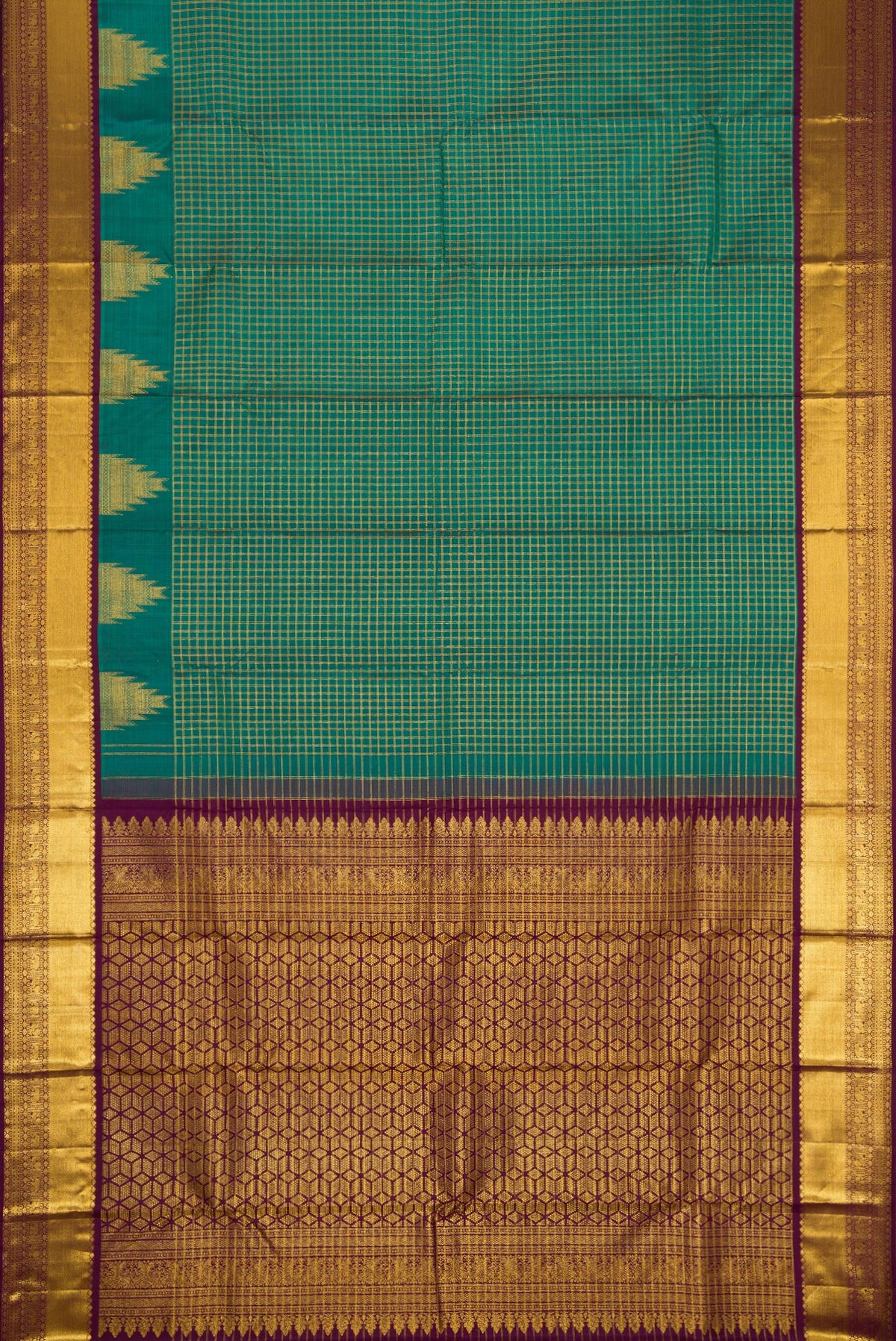 Flat view of Green Dual Tone Kanjivaram Silk Saree with Checked design on the body and Zari Border. 