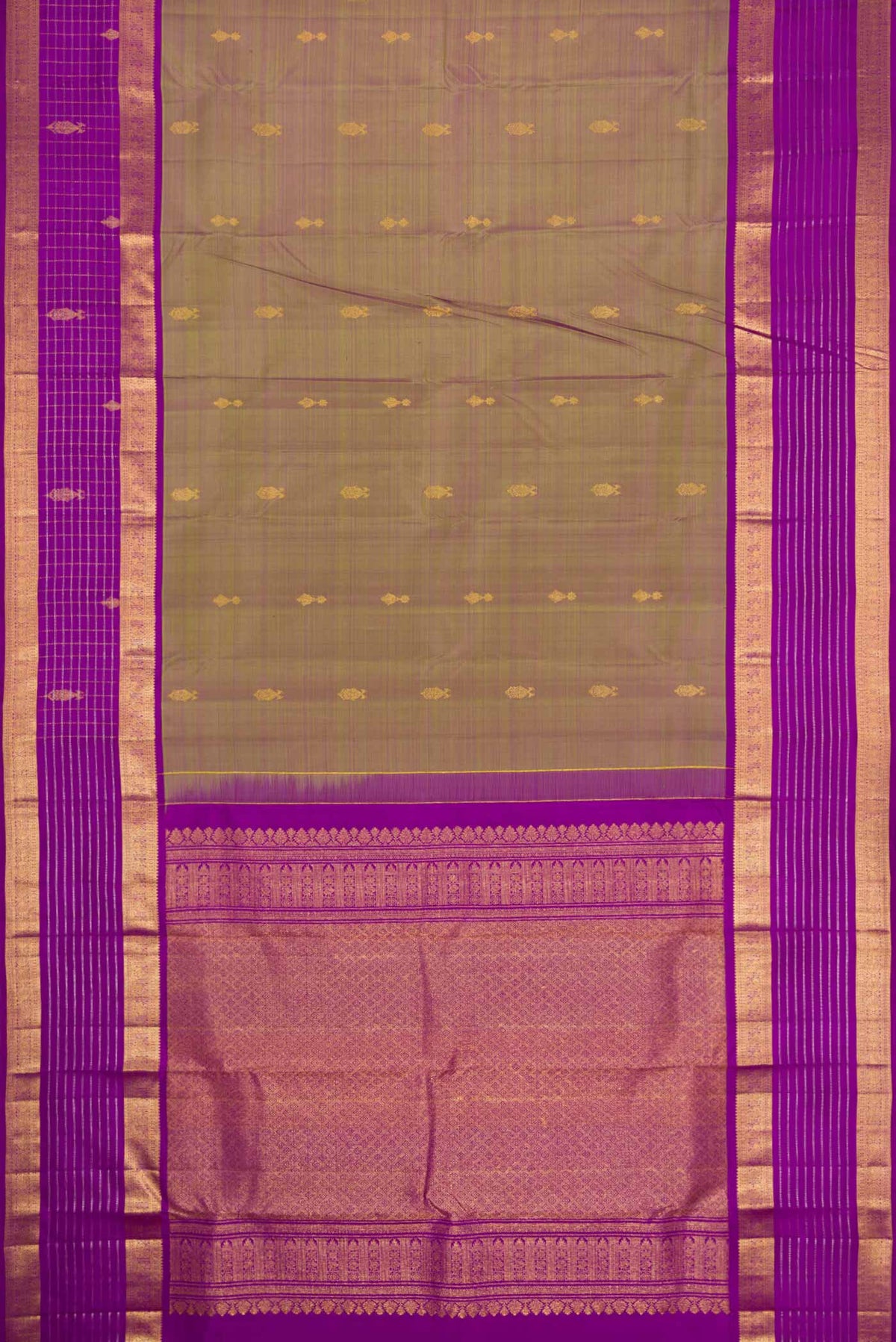 Flat view of Green with Purple Color Kanchipuram Silk Saree with Zari Butta on the body and Zari Border