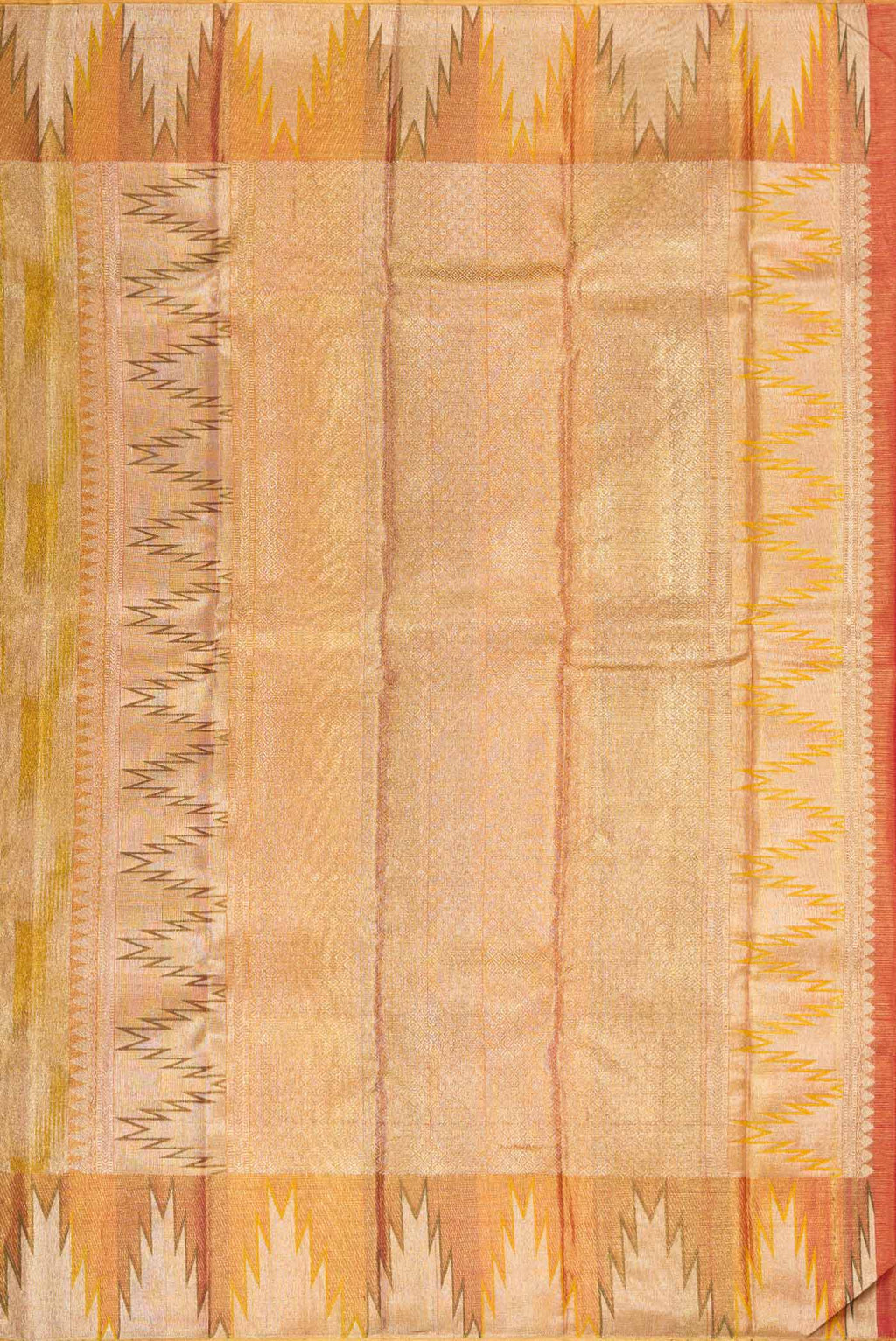 Close up image of the pallu of Green Dual Tone Kanjivaram Tissue Silk Saree with Zari Brocade on the body and Temple Border. 