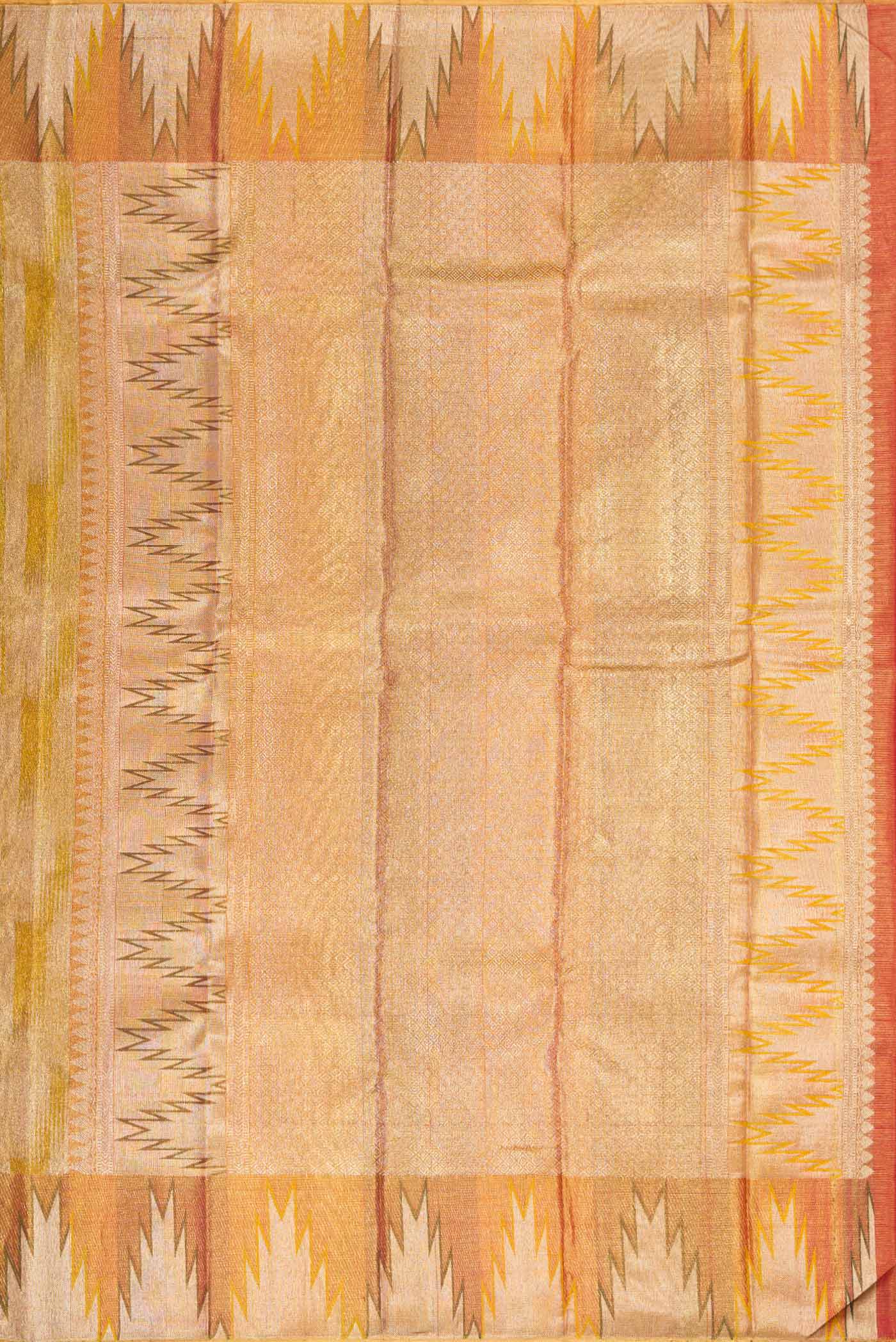 Close up image of the pallu of Green Dual Tone Kanjivaram Tissue Silk Saree with Zari Brocade on the body and Temple Border. 