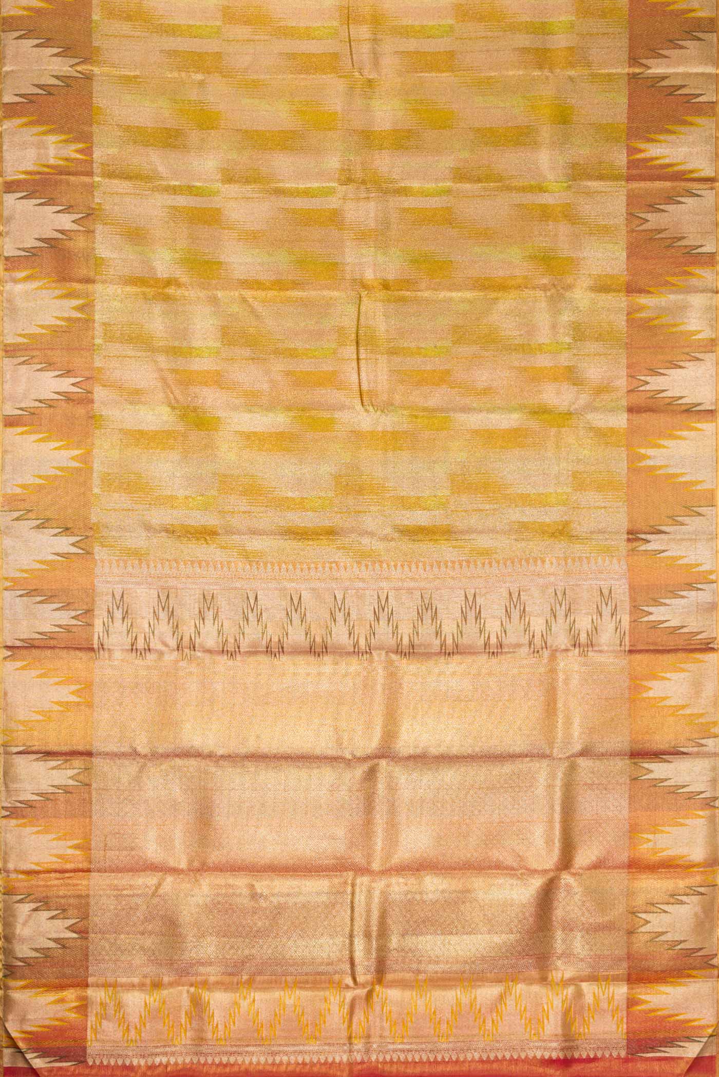 Flat view of Green Dual Tone Kanjivaram Tissue Silk Saree with Zari Brocade on the body and Temple Border. 