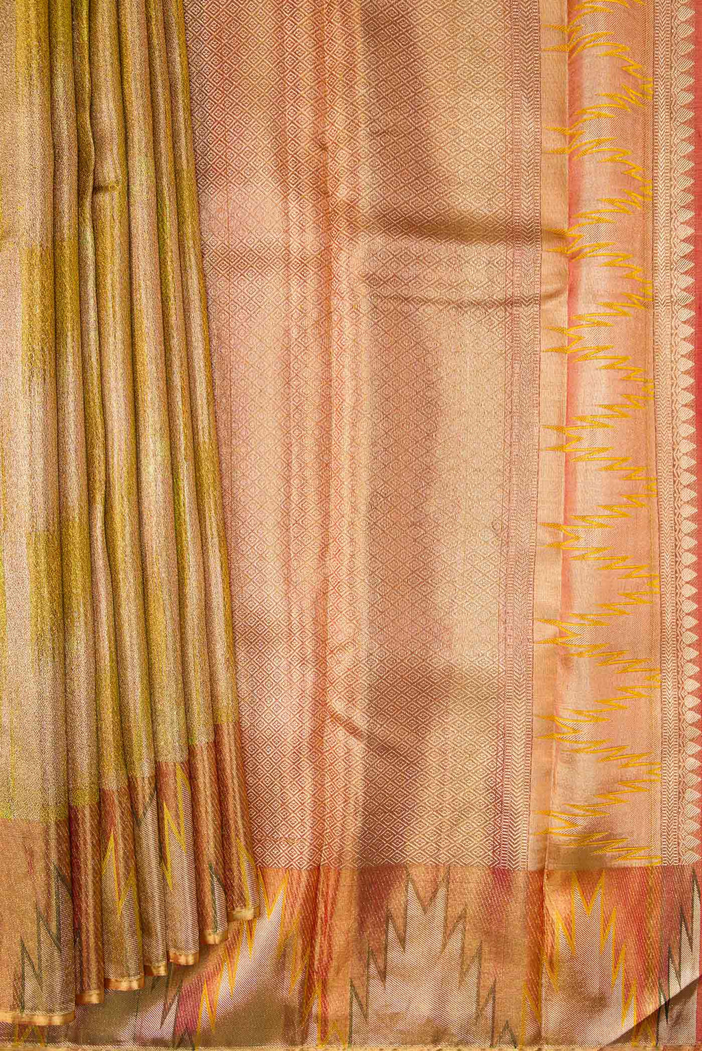 Pleats and pallu of Green Dual Tone Kanjivaram Tissue Silk Saree with Zari Brocade on the body and Temple Border. 