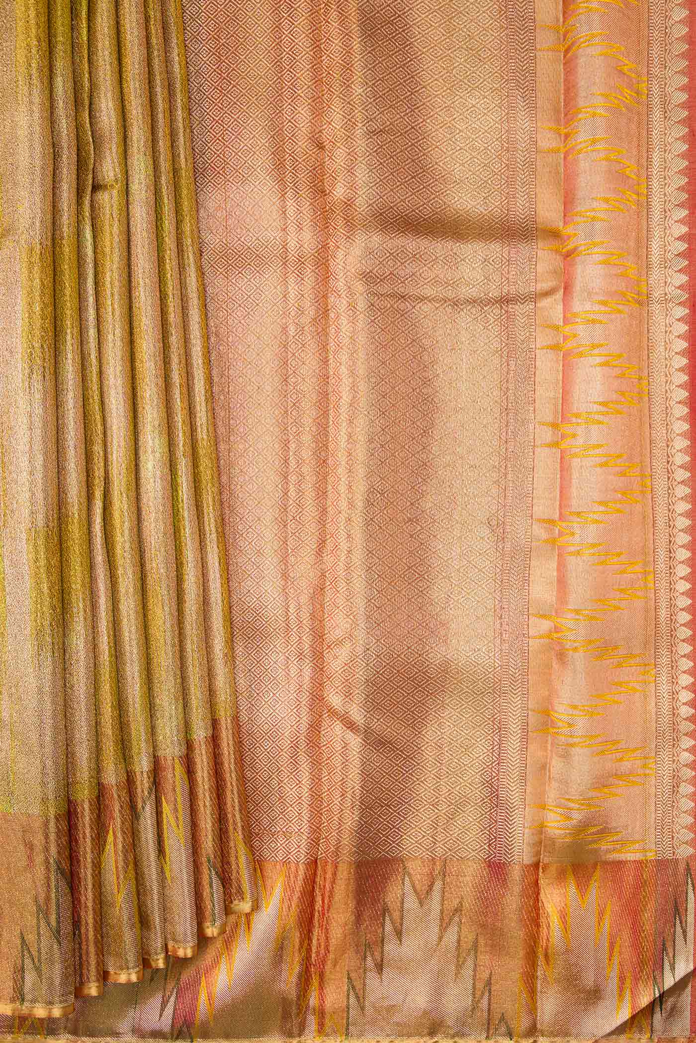 Pleats and pallu of Green Dual Tone Kanjivaram Tissue Silk Saree with Zari Brocade on the body and Temple Border. 