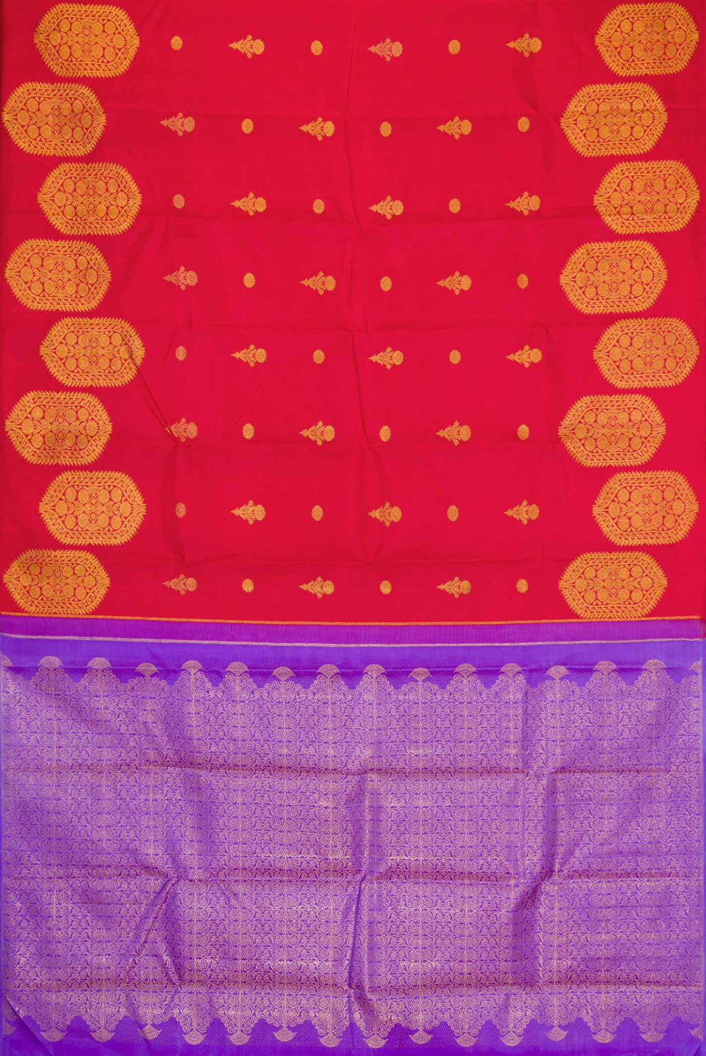 Flat view of Red Dual Tone Kanjivaram Silk Saree with Zari Butta on the body and Fancy Border. 