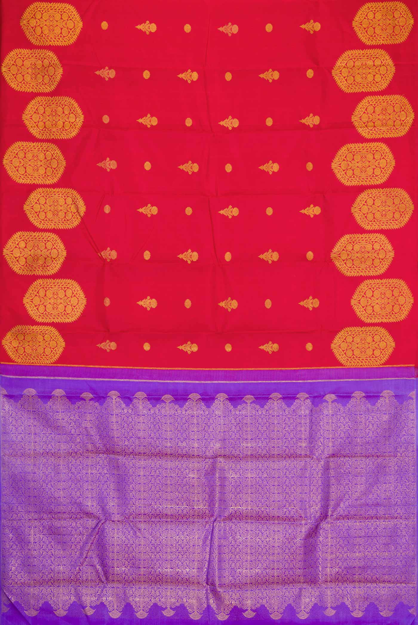 Flat view of Red Dual Tone Kanjivaram Silk Saree with Zari Butta on the body and Fancy Border. 
