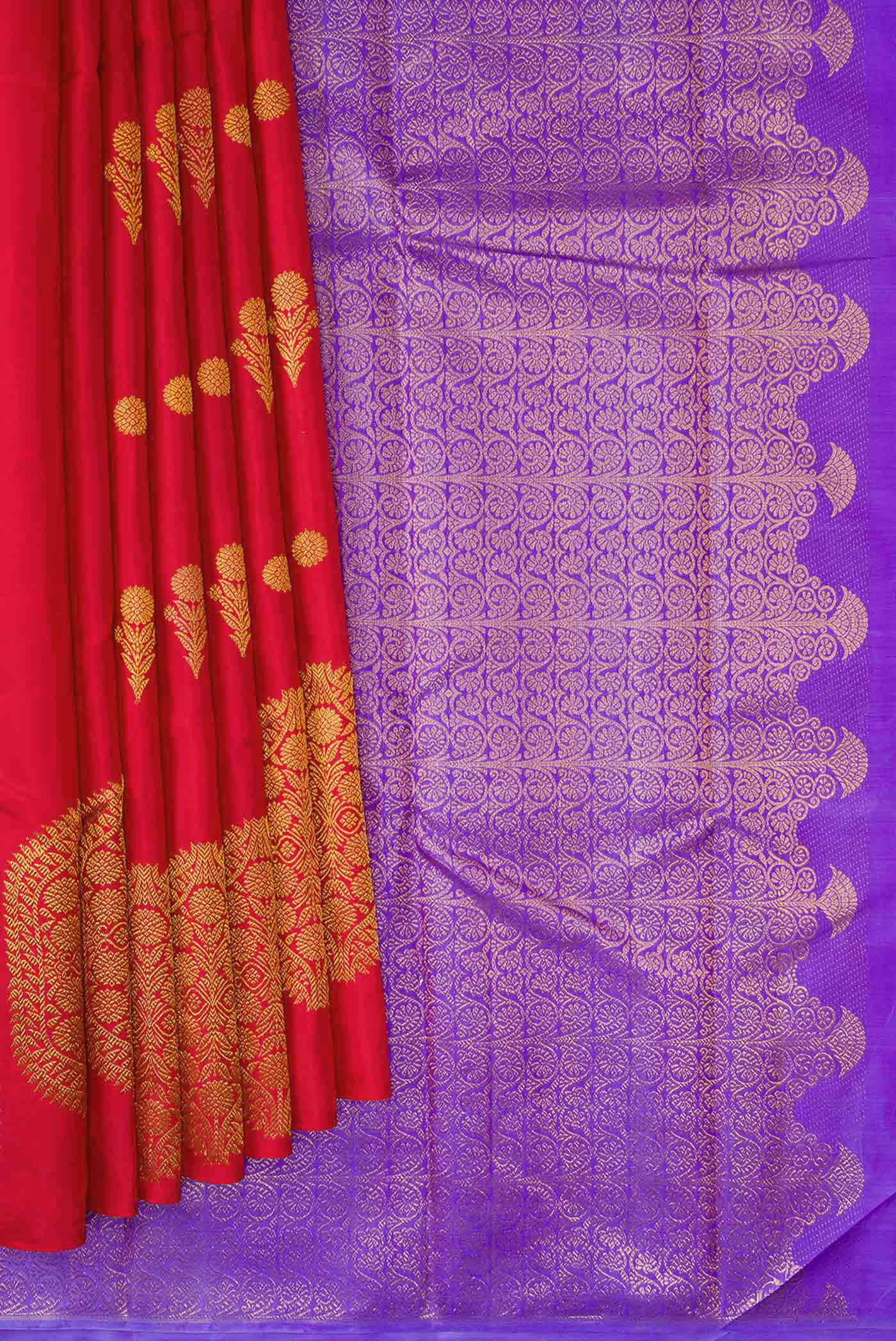 Pleats and pallu of Red Dual Tone Kanjivaram Silk Saree with Zari Butta on the body and Fancy Border. 