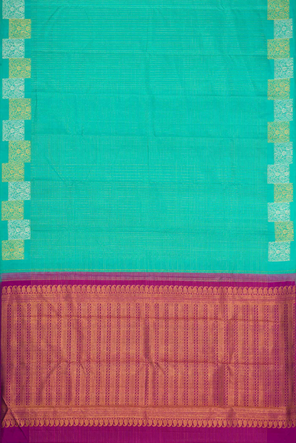 Flat view of Sea Green Dual Tone Kanchipuram Silk Saree with Checked design on the body and Fancy Border