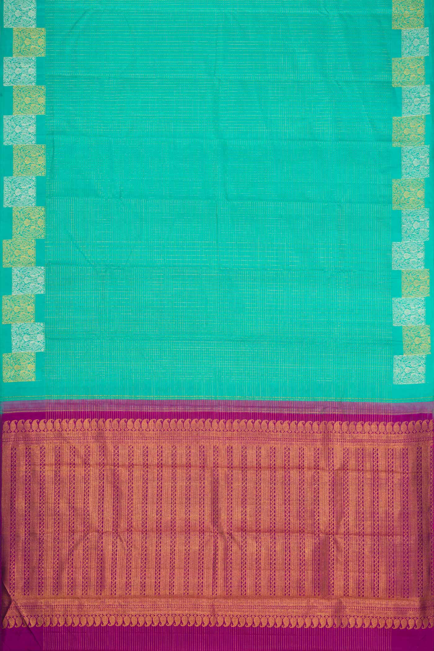 Flat view of Sea Green Dual Tone Kanchipuram Silk Saree with Checked design on the body and Fancy Border