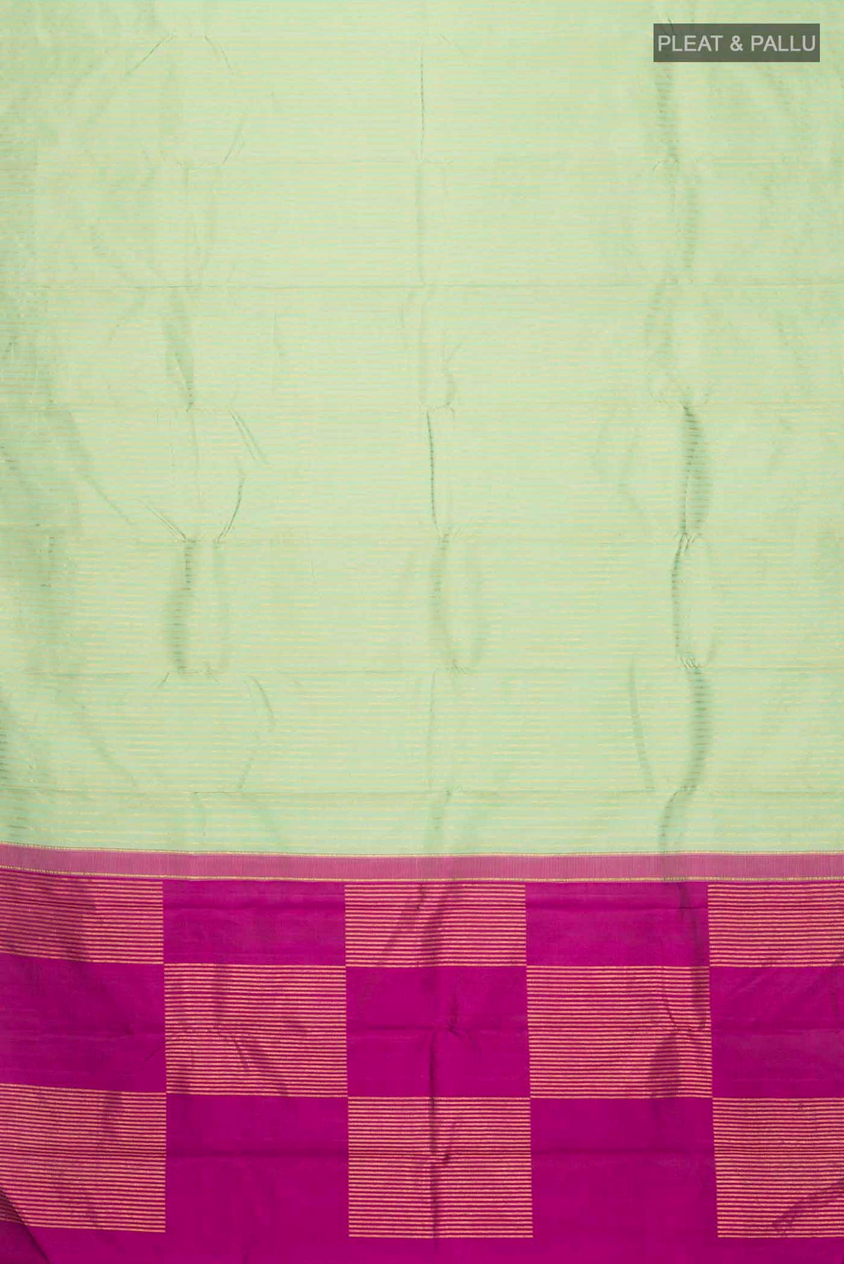 Flat view of Green Kanchipuram Silk Saree with Stripes on the body and Without Border