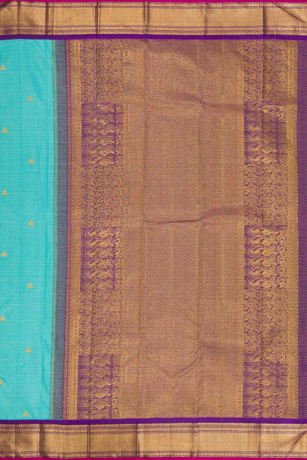 Close up image of the pallu of Sky Blue Dual Tone Kanchipuram Silk Saree with Stripes on the body and Zari Border
