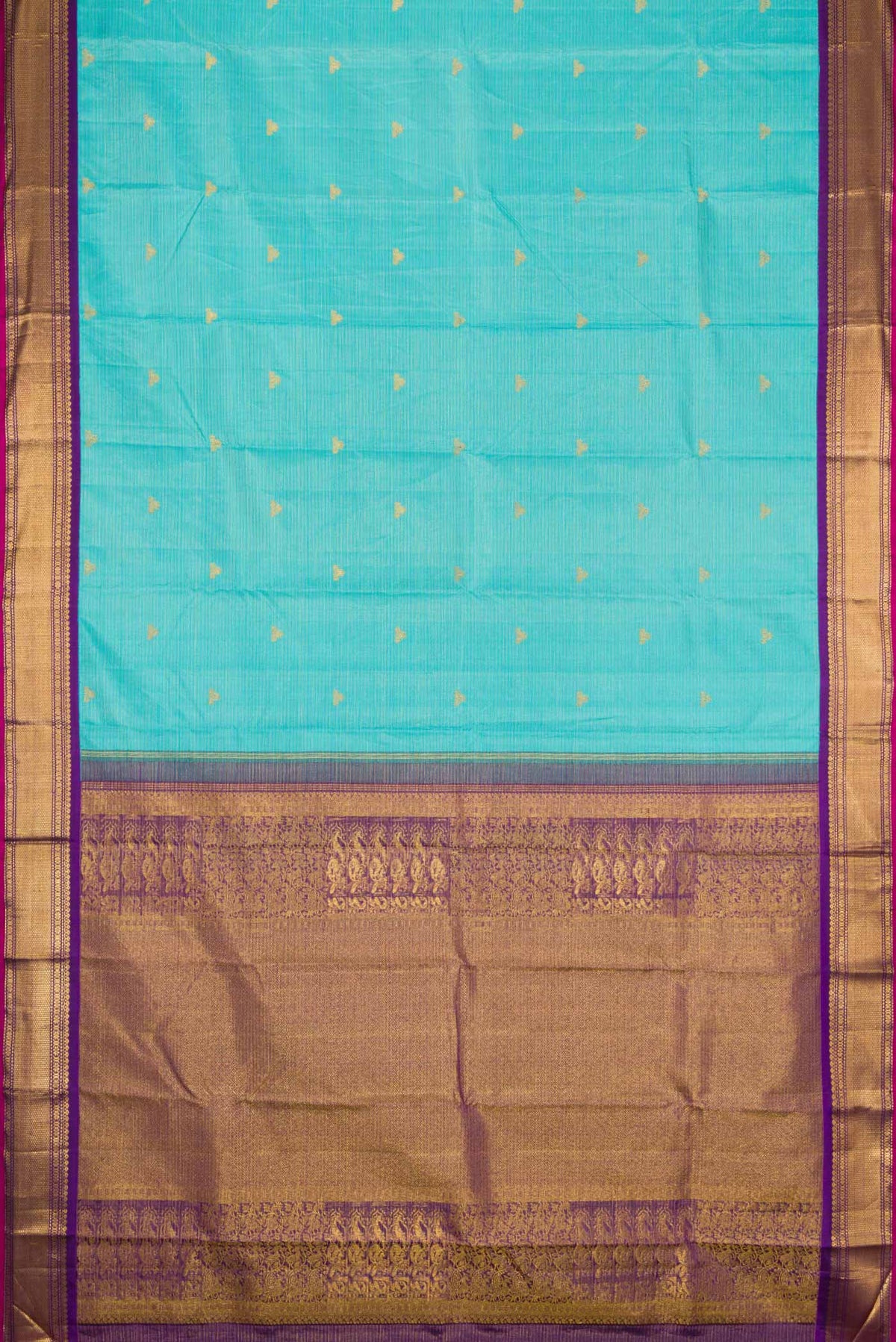 Flat view of Sky Blue Dual Tone Kanchipuram Silk Saree with Stripes on the body and Zari Border