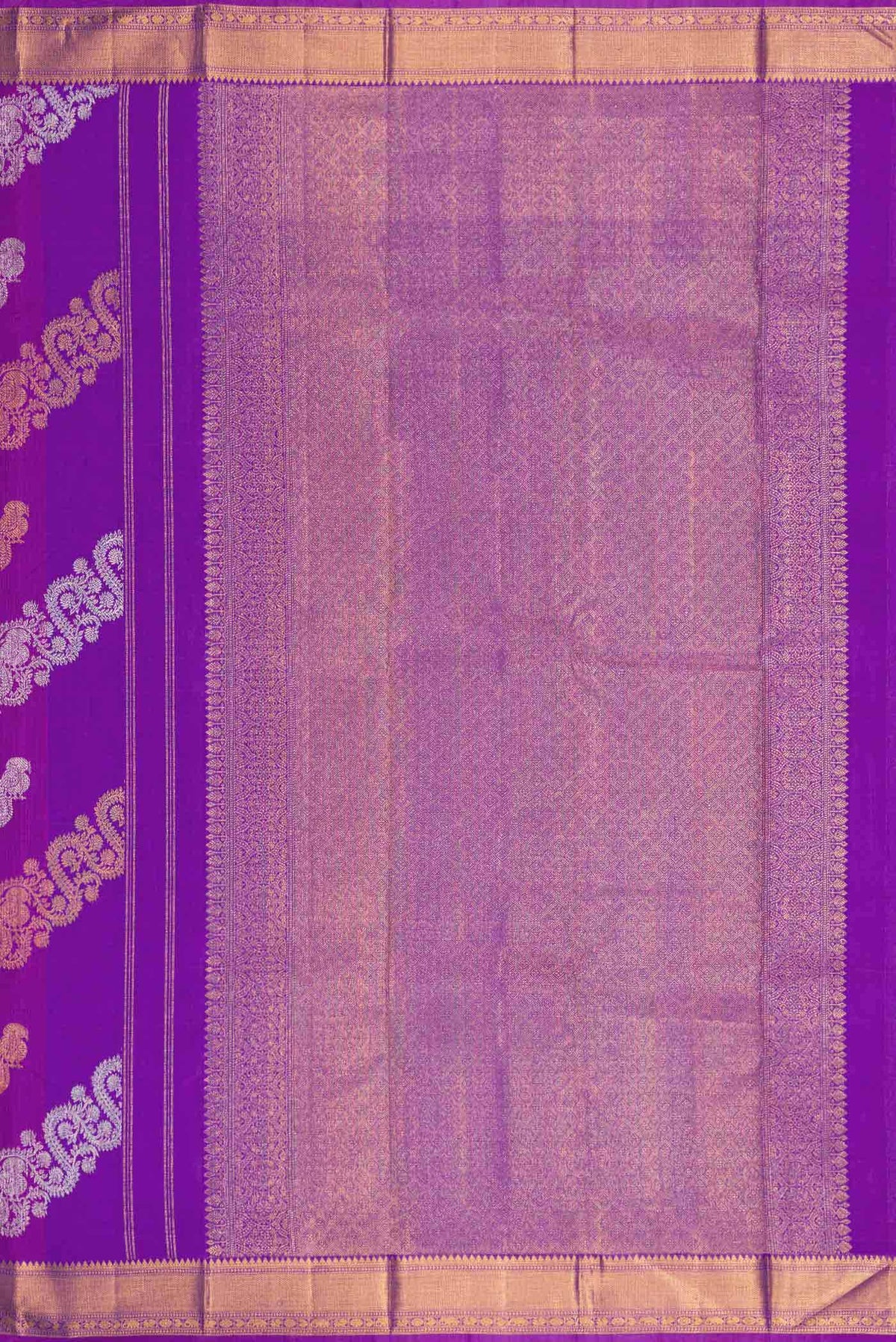 Close up image of the pallu of Royal Blue Dual Tone Kanchipuram Silk Saree with Zari Brocade on the body and Zari Border