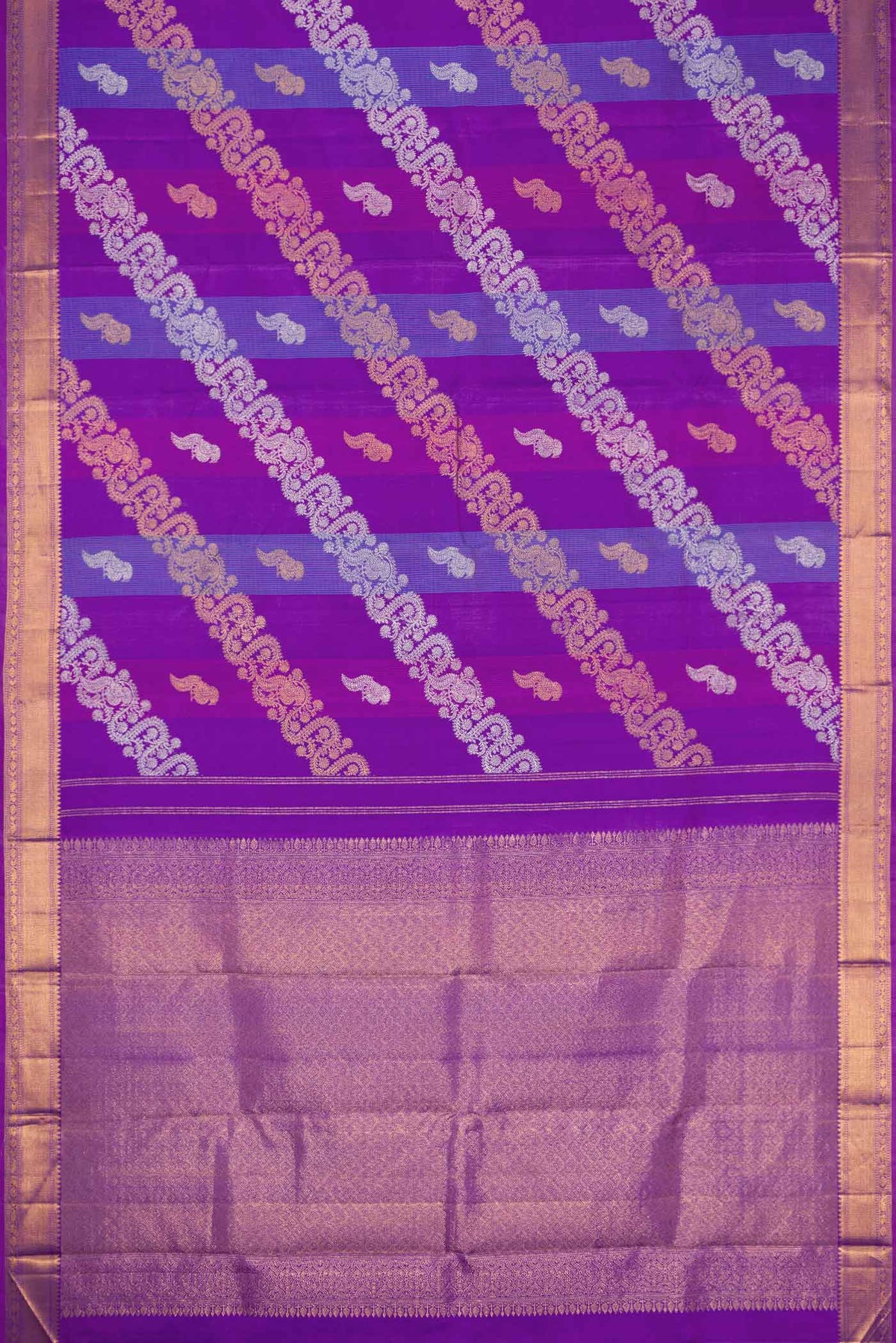 Flat view of Royal Blue Dual Tone Kanchipuram Silk Saree with Zari Brocade on the body and Zari Border