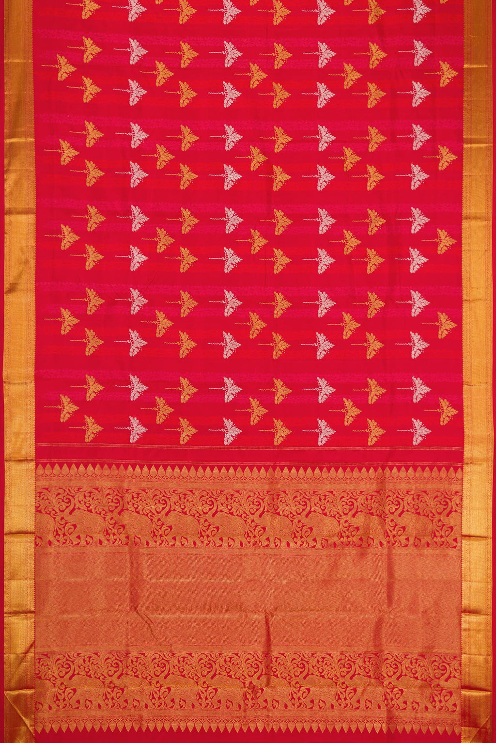 Flat view of Pure Silk Pure Zari Red Dual Tone Kanchipuram Saree with Jacquard With Zari Butta on the body and Zari Border. 