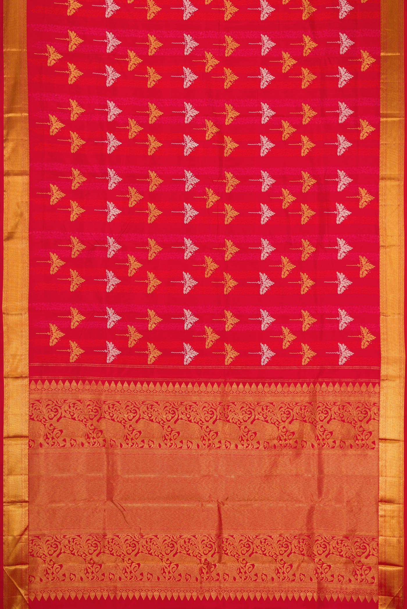 Flat view of Pure Silk Pure Zari Red Dual Tone Kanchipuram Saree with Jacquard With Zari Butta on the body and Zari Border. 