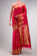 Red Dual Tone Kanjivaram Silk Saree with Zari Butta on the body and Fancy Border.  displayed on a mannequin