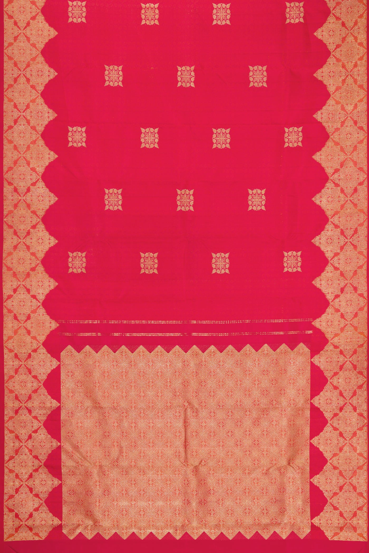 Flat view of Red Dual Tone Kanjivaram Silk Saree with Zari Butta on the body and Fancy Border. 