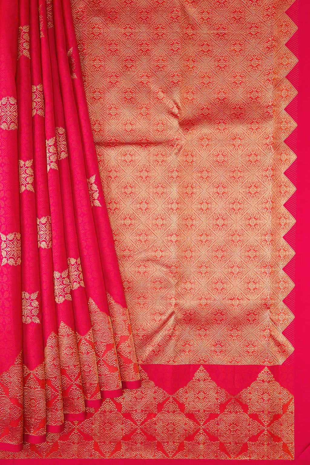 Pleats and pallu of Red Dual Tone Kanjivaram Silk Saree with Zari Butta on the body and Fancy Border. 