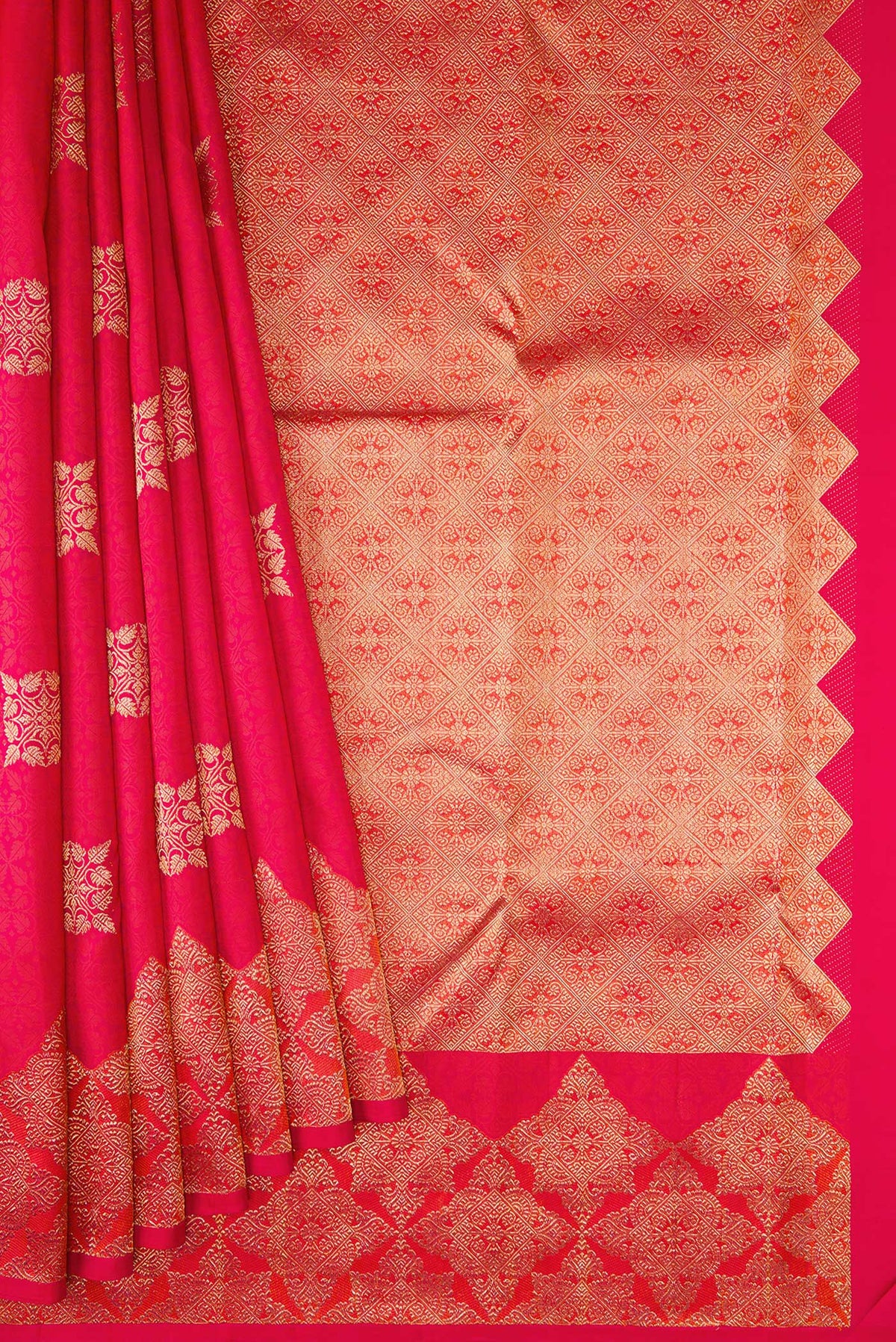 Pleats and pallu of Red Dual Tone Kanjivaram Silk Saree with Zari Butta on the body and Fancy Border. 