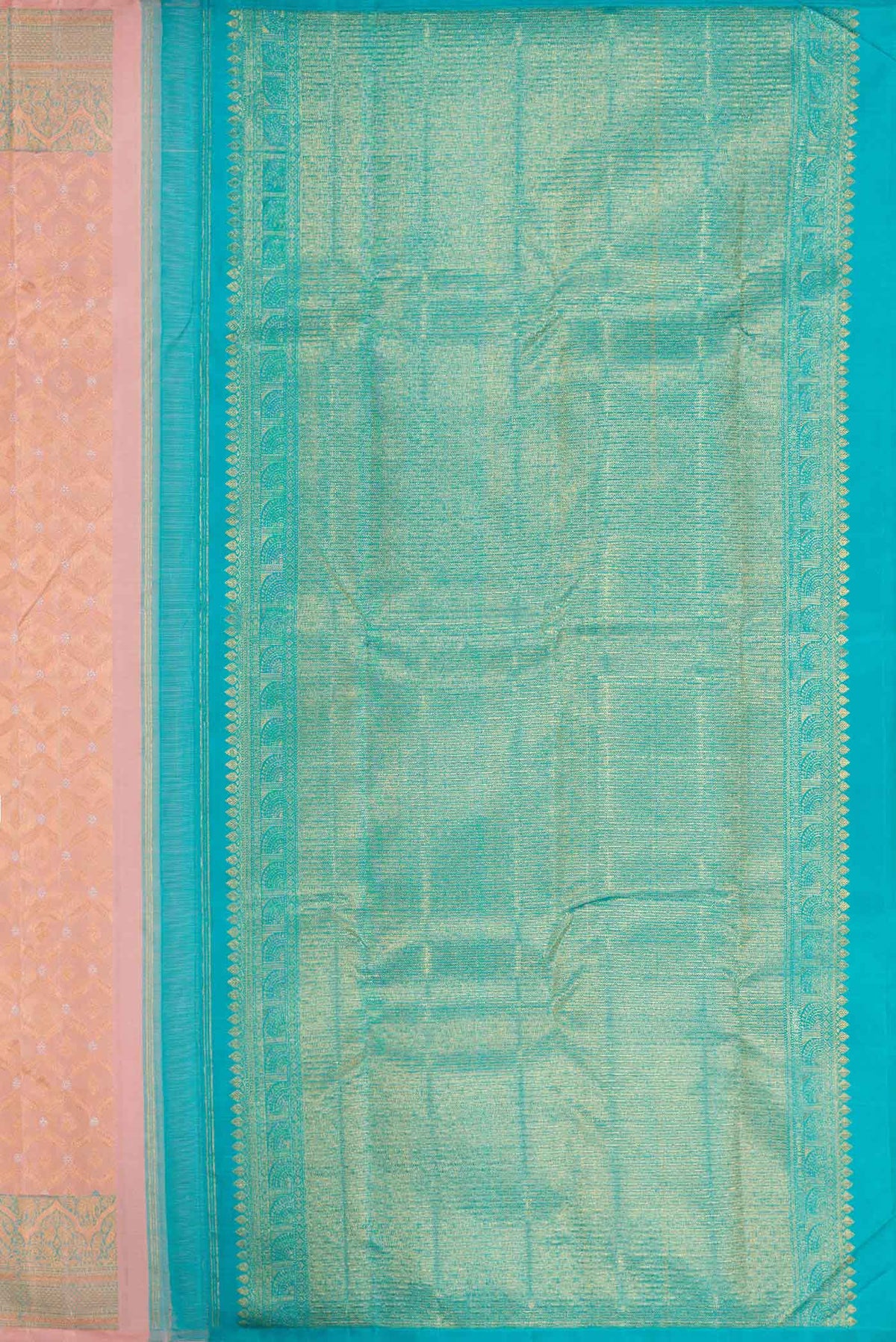 Close up image of the pallu of Rose Gold Dual Tone Kanchipuram Silk Saree with Zari Brocade on the body and Zari Border