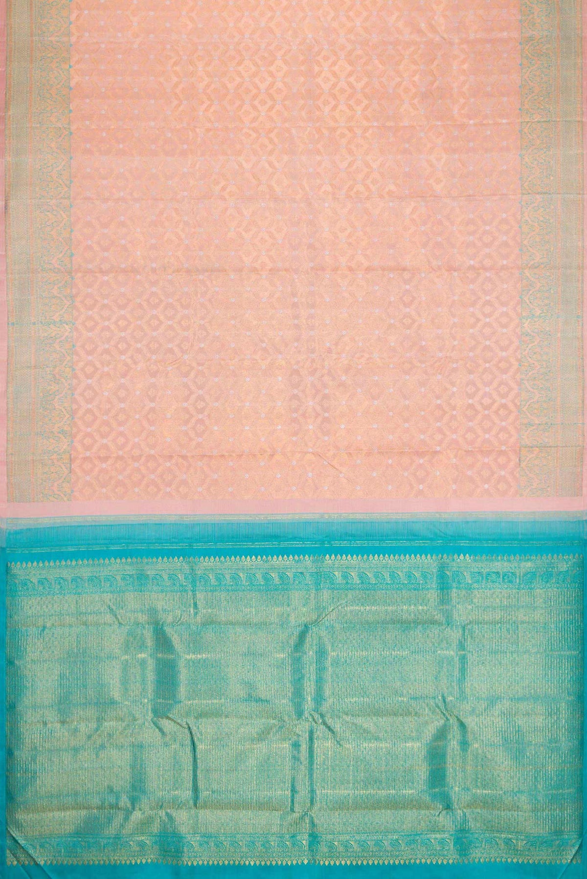 Flat view of Rose Gold Dual Tone Kanchipuram Silk Saree with Zari Brocade on the body and Zari Border