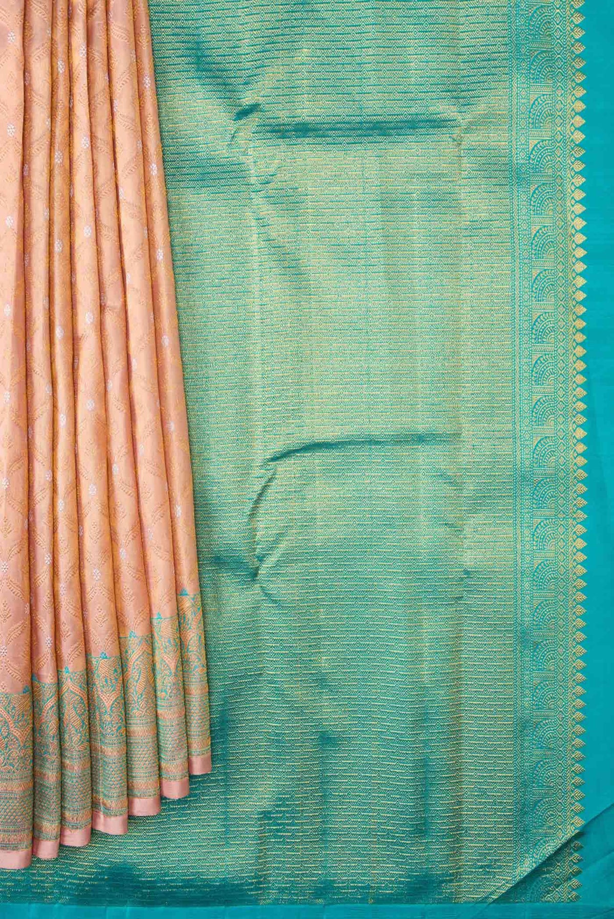 Pleats and pallu of Rose Gold Dual Tone Kanchipuram Silk Saree with Zari Brocade on the body and Zari Border