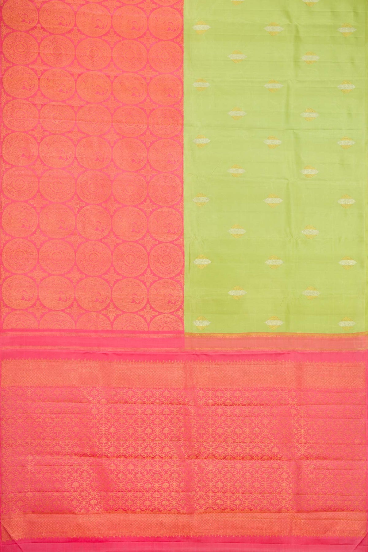 Flat view of Pista Green and pink Color Kanchipuram Silk Saree with Half And Half on the body and Without Border