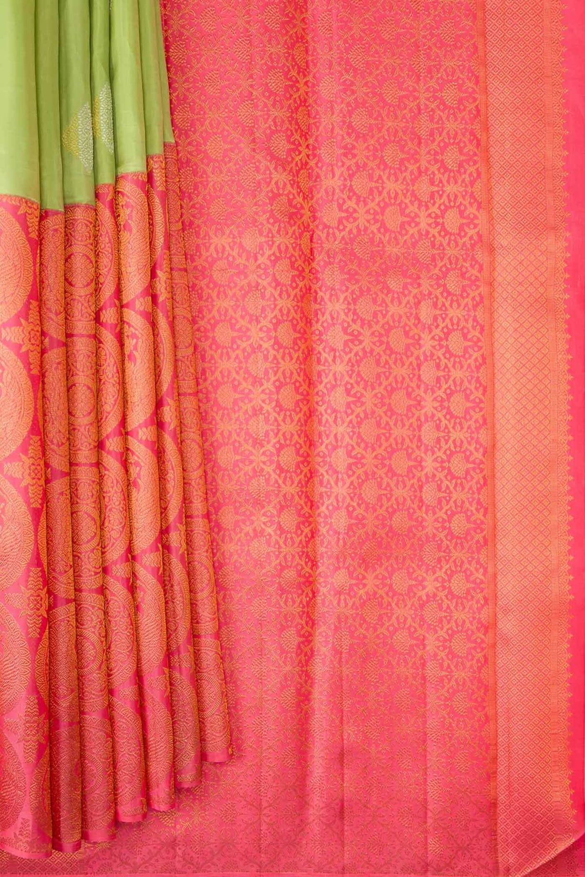 Pleats and pallu of Pista Green and pink Color Kanchipuram Silk Saree with Half And Half on the body and Without Border