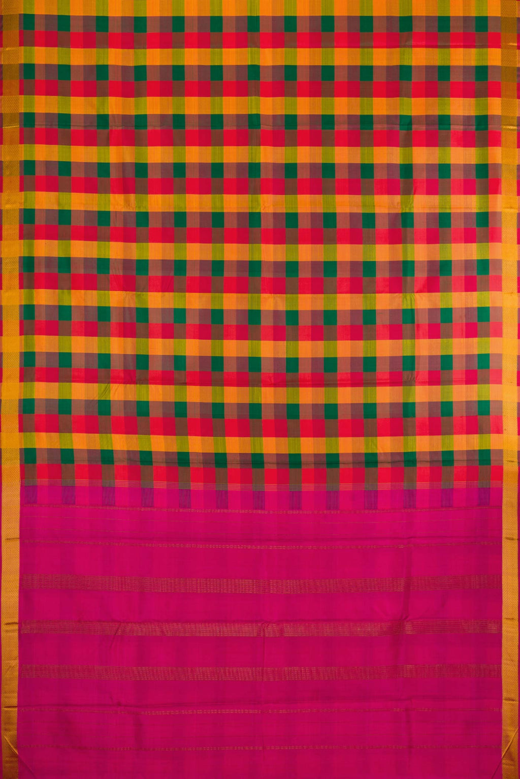 Flat view of Red, Green and Orange Color Kanchipuram Silk Saree with Checked design on the body and Thread Border. 