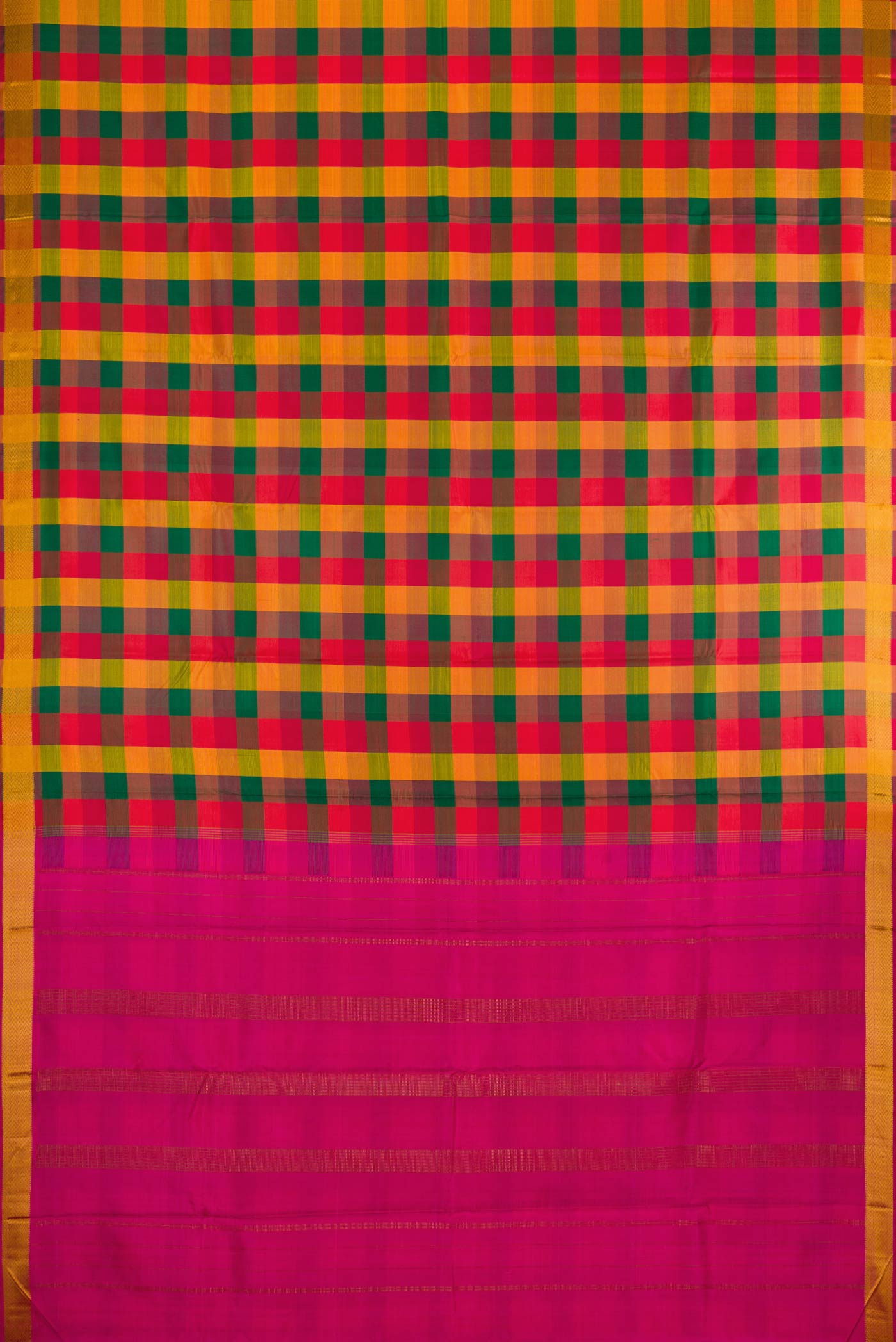 Flat view of Red, Green and Orange Color Kanchipuram Silk Saree with Checked design on the body and Thread Border. 