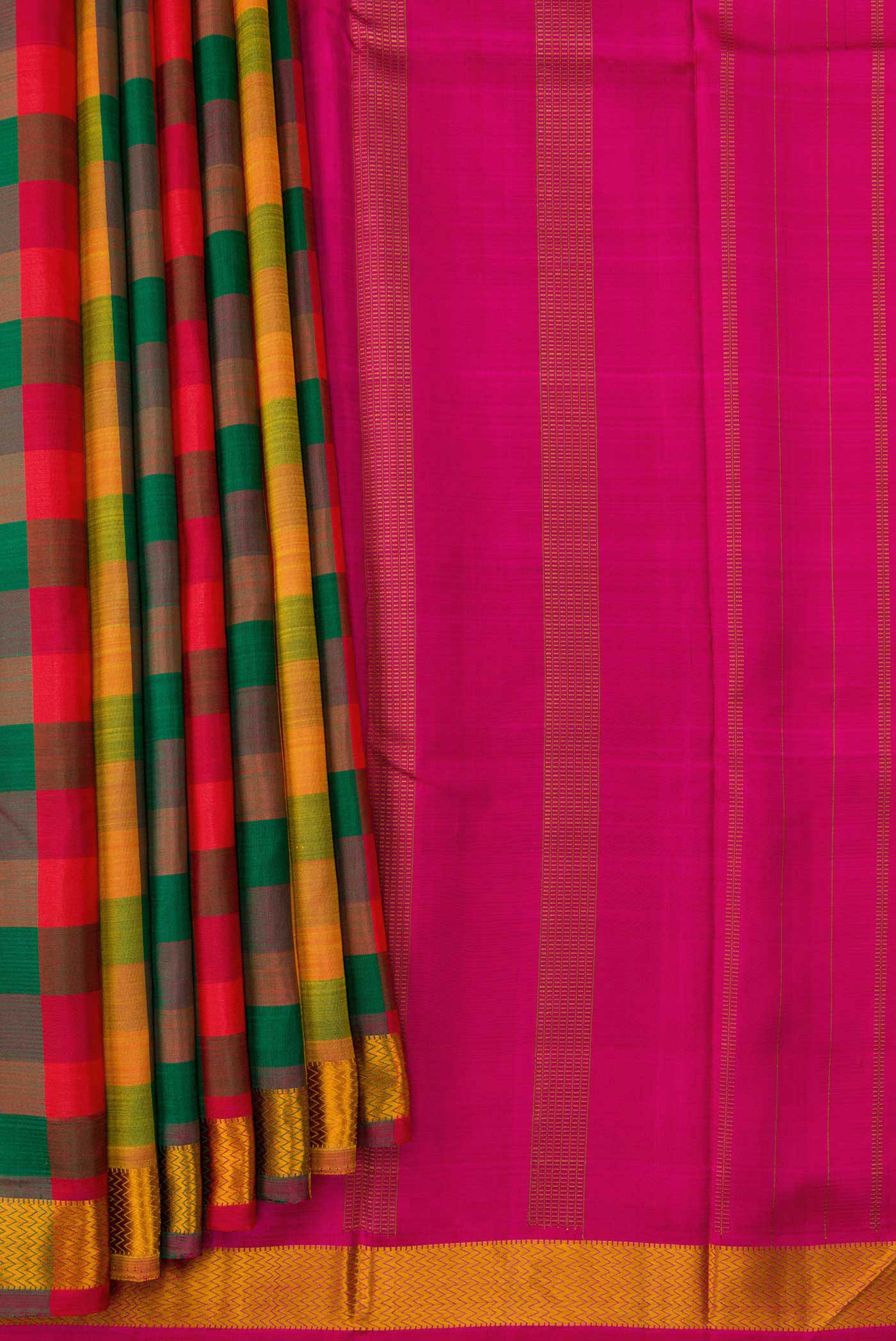 Pleats and pallu of Red, Green and Orange Color Kanchipuram Silk Saree with Checked design on the body and Thread Border. 