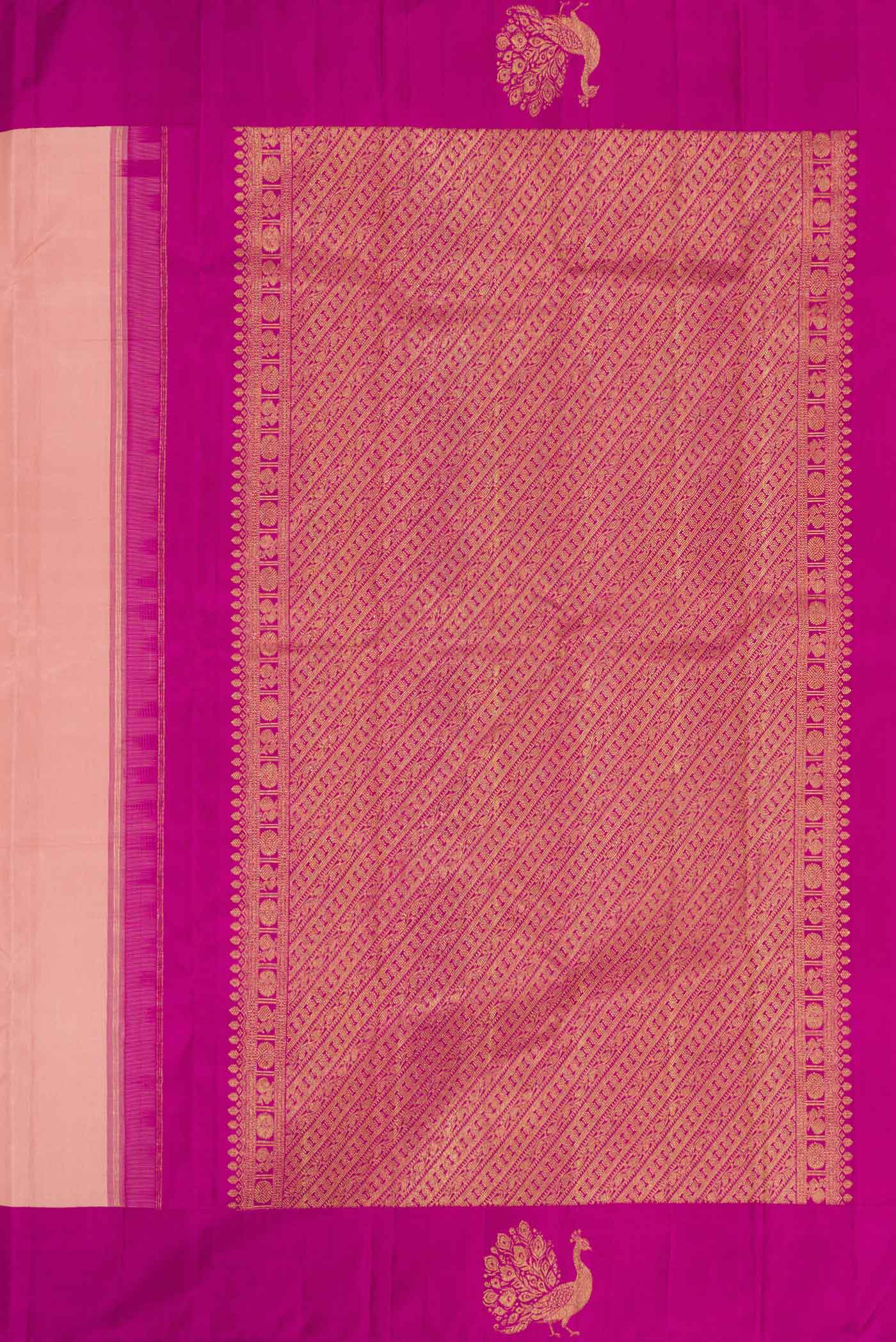 Close up image of the pallu of Rose Gold Dual Tone Kanchipuram Silk Saree with Plain Body and Fancy Border