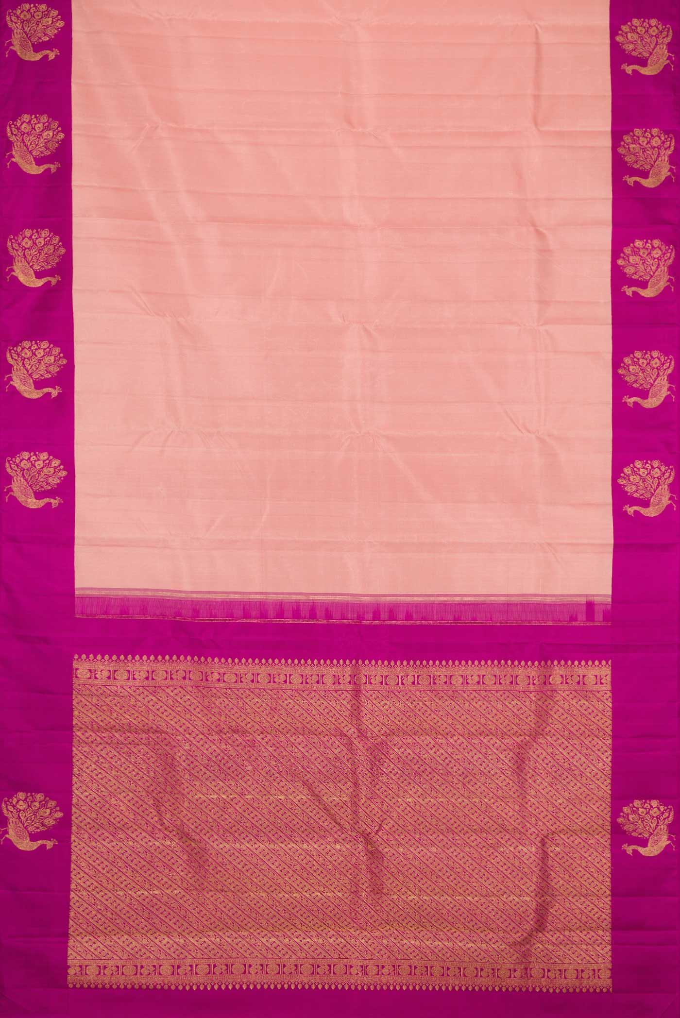 Flat view of Rose Gold Dual Tone Kanchipuram Silk Saree with Plain Body and Fancy Border