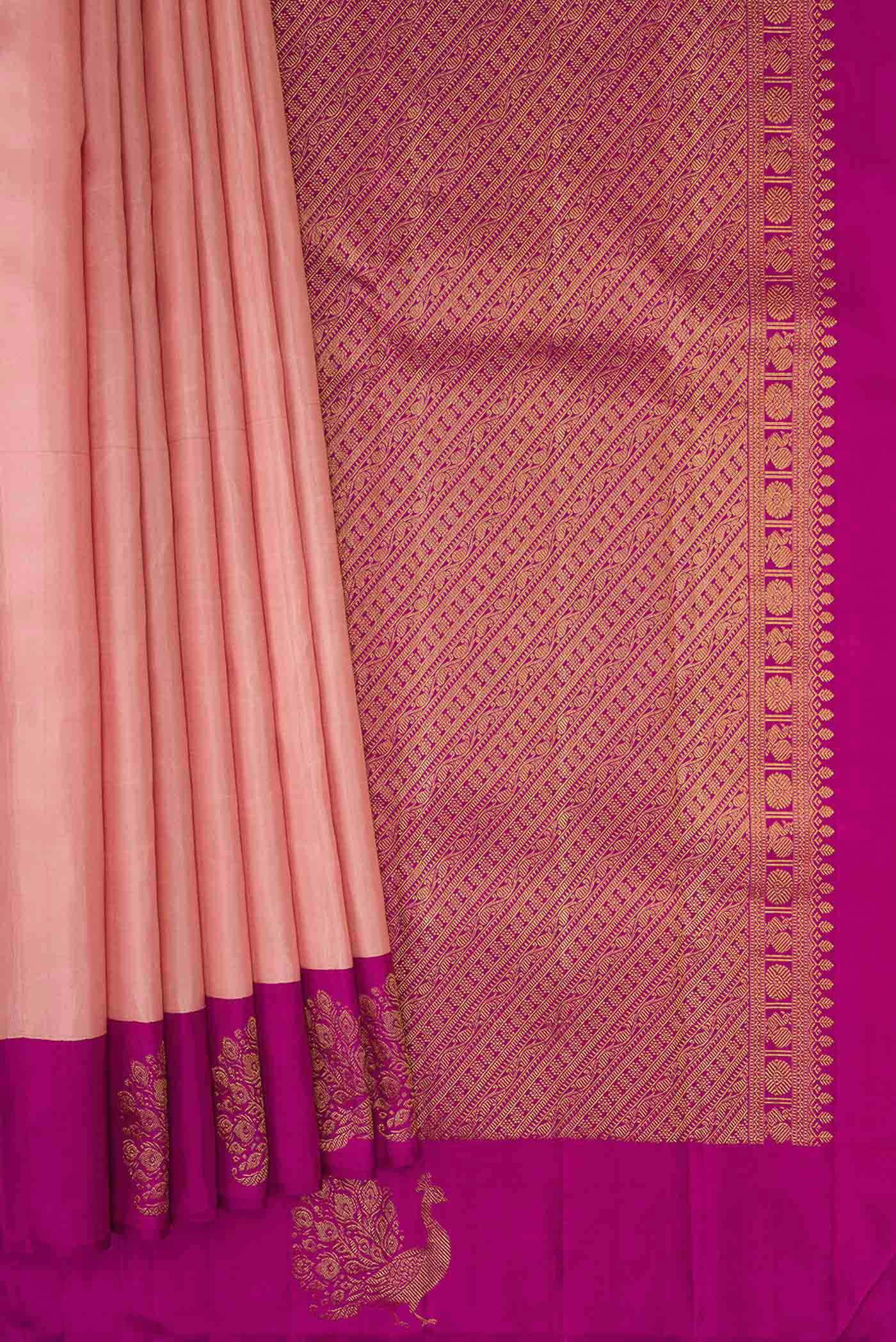 Pleats and pallu of Rose Gold Dual Tone Kanchipuram Silk Saree with Plain Body and Fancy Border