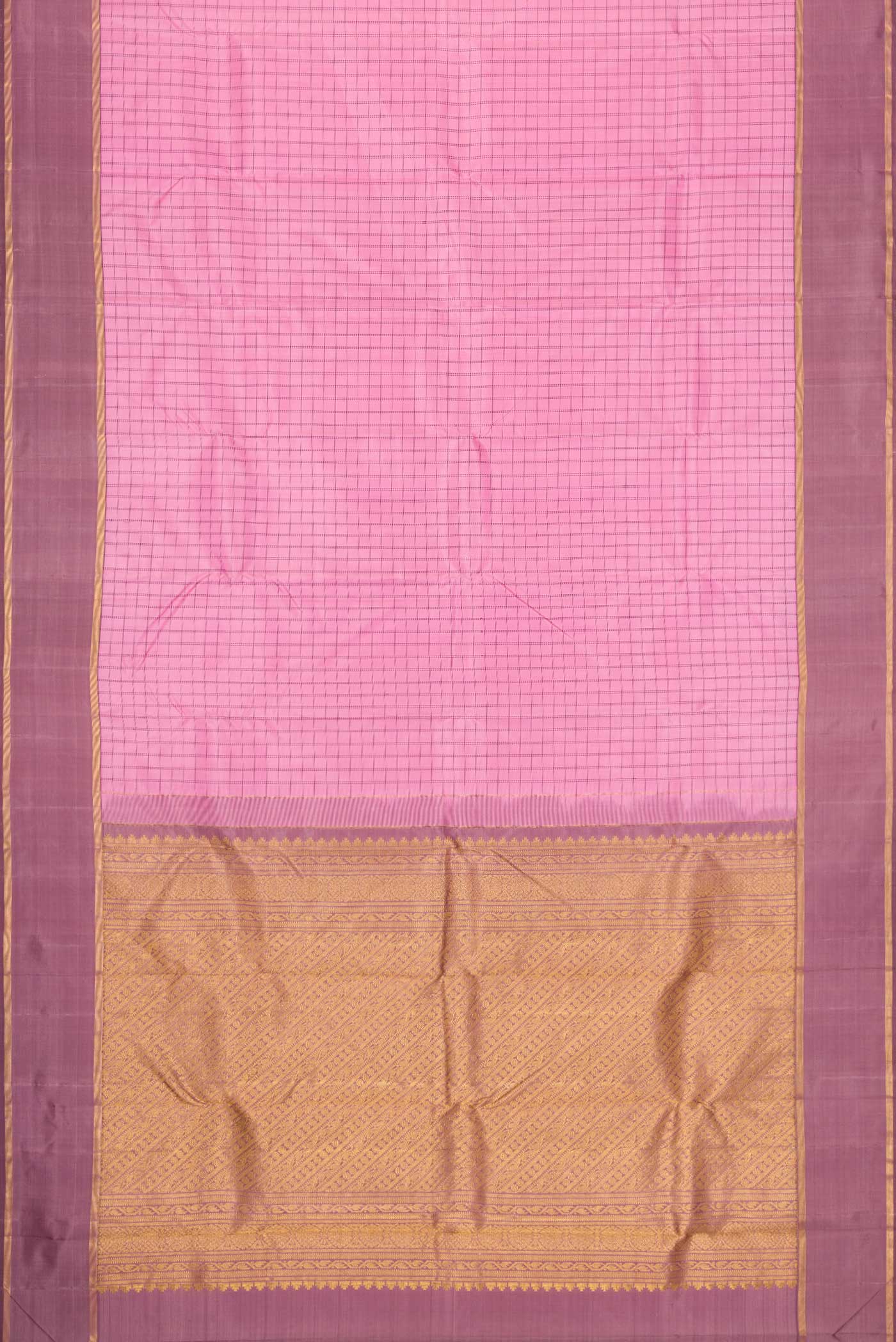 Flat view of Pure Silk Pure Zari Pink Dual Tone Kanchipuram Saree with Checked design on the body and Zari Border. 