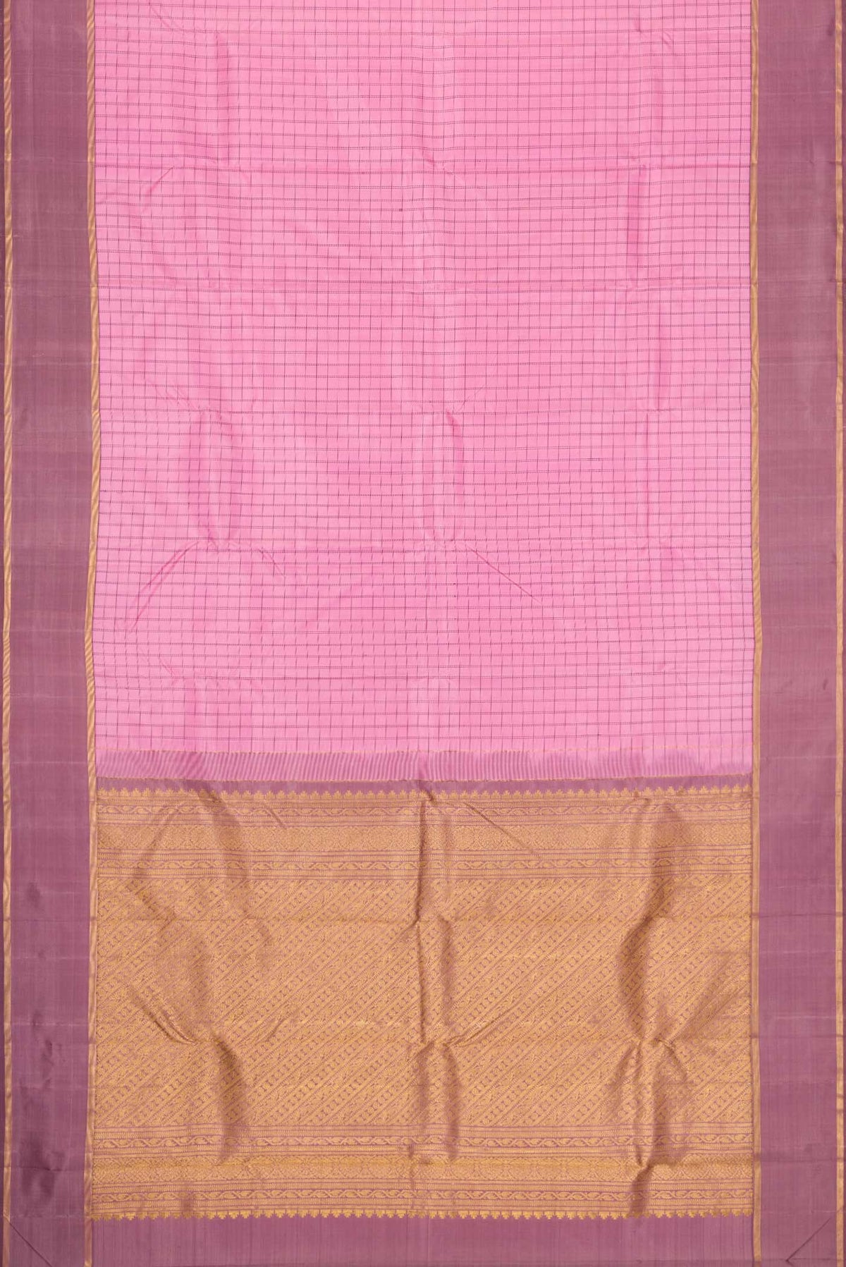 Flat view of Pure Silk Pure Zari Pink Dual Tone Kanchipuram Saree with Checked design on the body and Zari Border. 