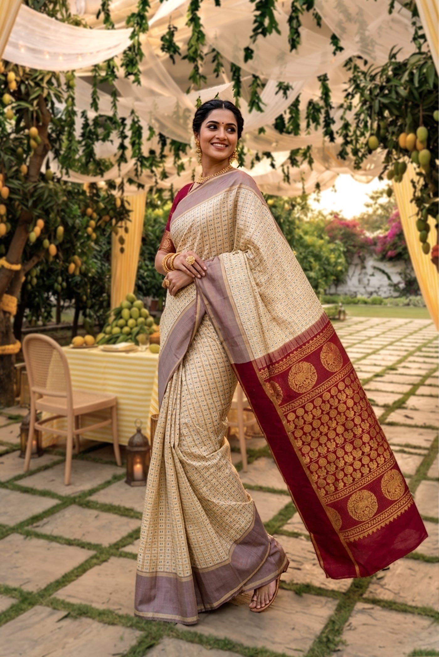 Model wearing a Sandal Kanchipuram Silk Saree with Checked design on the body and Zari Border.