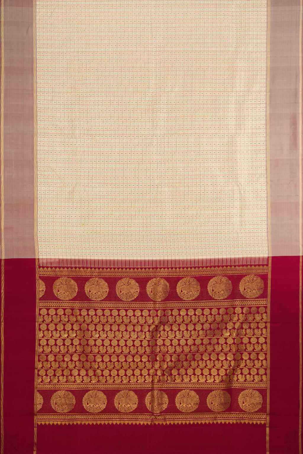 Flat view of Sandal Dual Tone Kanchipuram Silk Saree with Checked design on the body and Zari Border. 