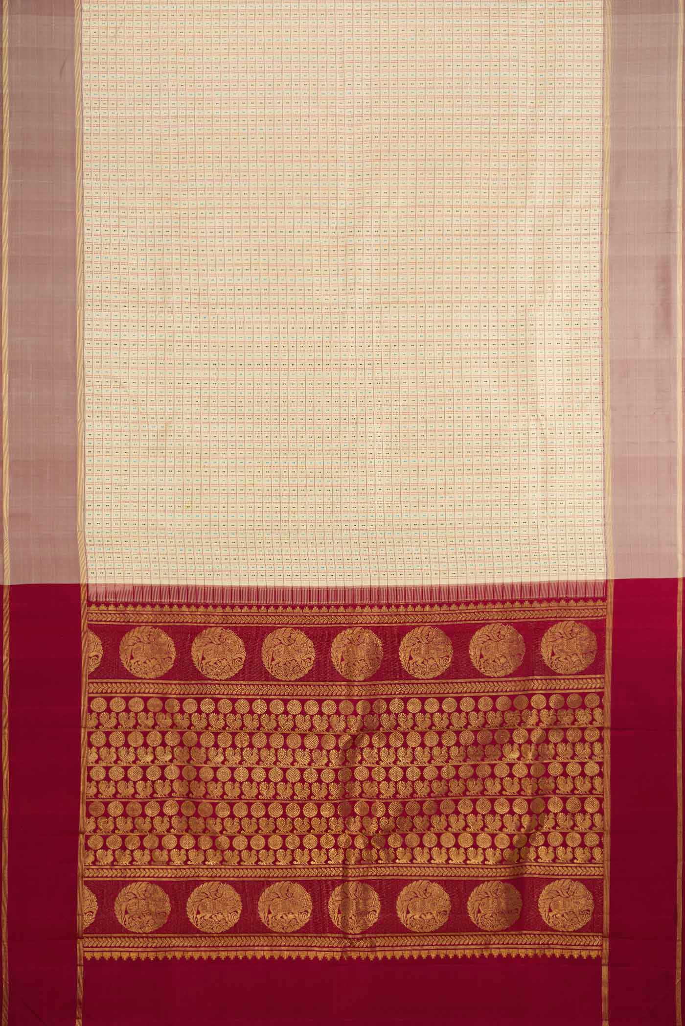Flat view of Sandal Dual Tone Kanchipuram Silk Saree with Checked design on the body and Zari Border. 