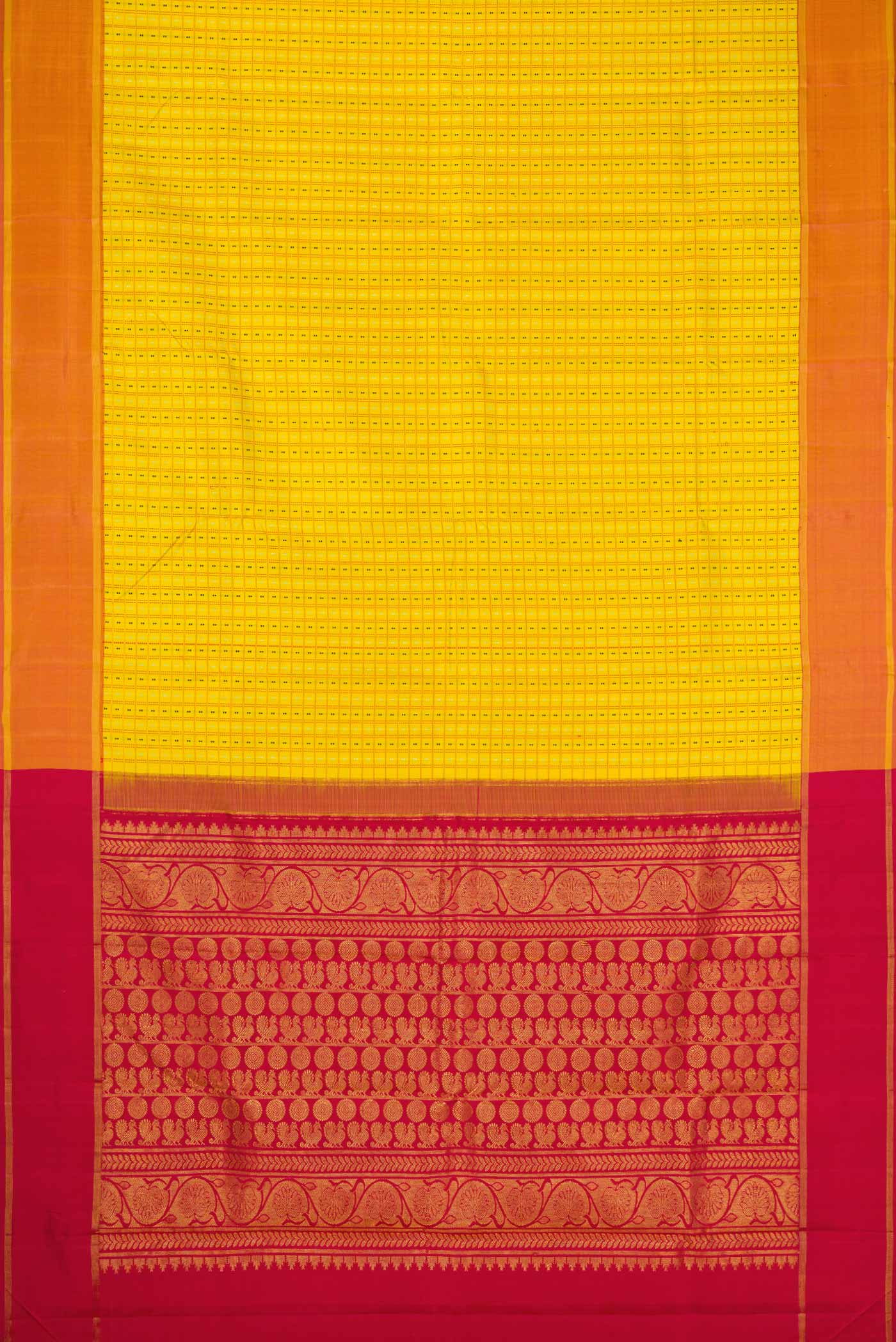 Flat view of Yellow Dual Tone Kanchipuram Silk Saree with Checked design on the body and Zari Border. 
