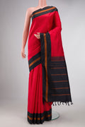 Red Dual Tone Kanchipuram Silk Saree with Plain Body and Thread Border displayed on a mannequin