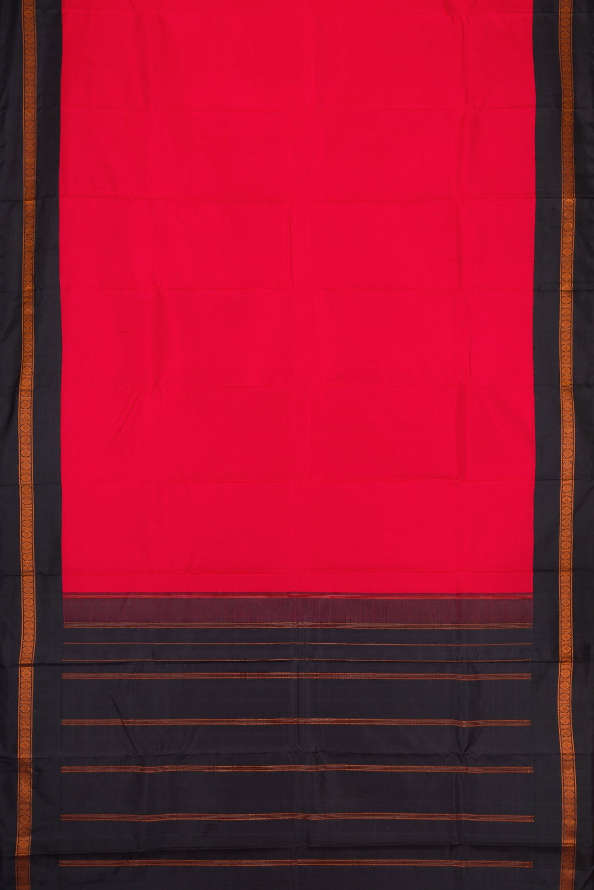 Flat view of Red Dual Tone Kanchipuram Silk Saree with Plain Body and Thread Border