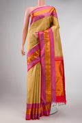 Beige Dual Tone Kanchipuram Silk Saree with Plain Body and Zari Border displayed on a mannequin