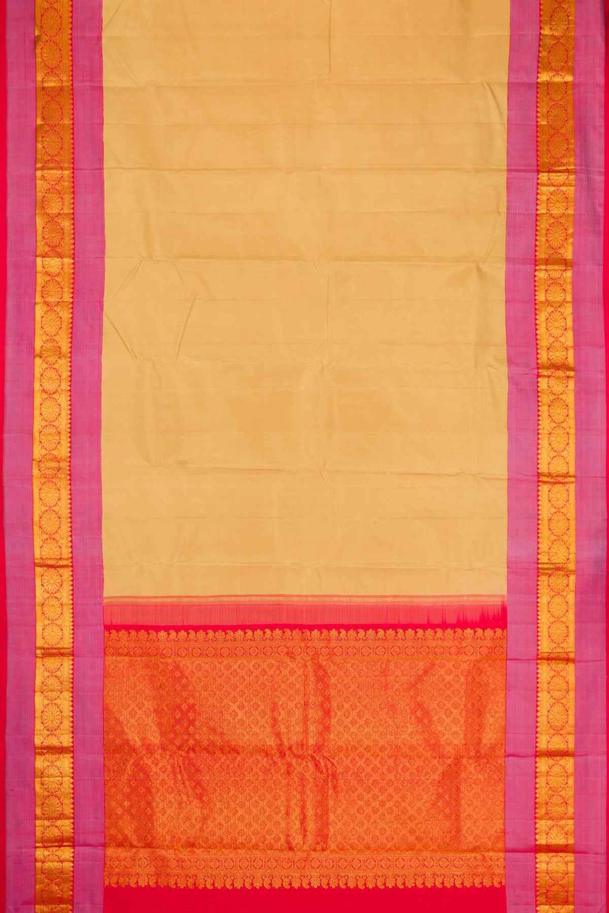 Flat view of Beige Dual Tone Kanchipuram Silk Saree with Plain Body and Zari Border