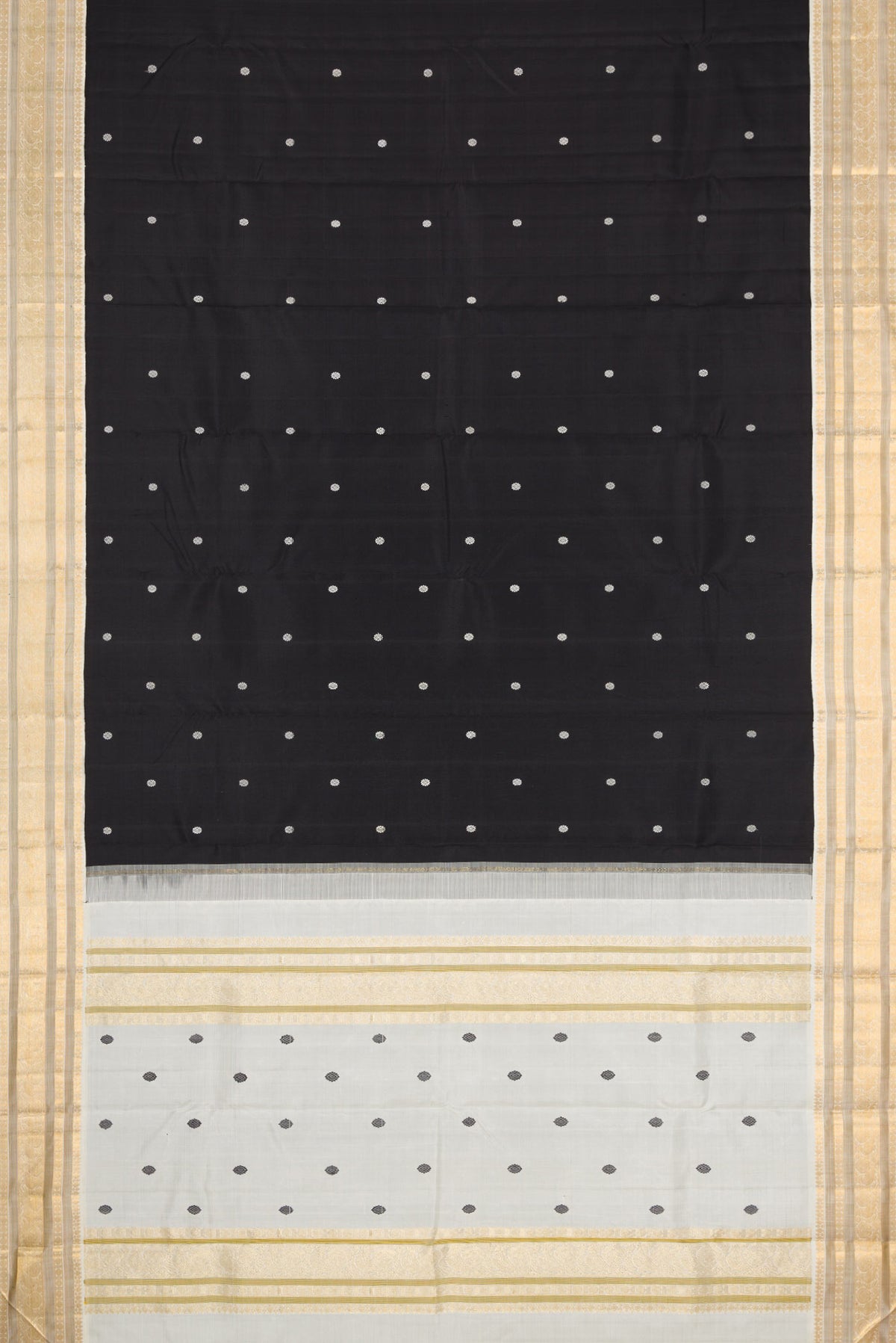 Flat view of Black Dual Tone Kanchipuram Silk Saree with Thread Butta on the body and Zari Border
