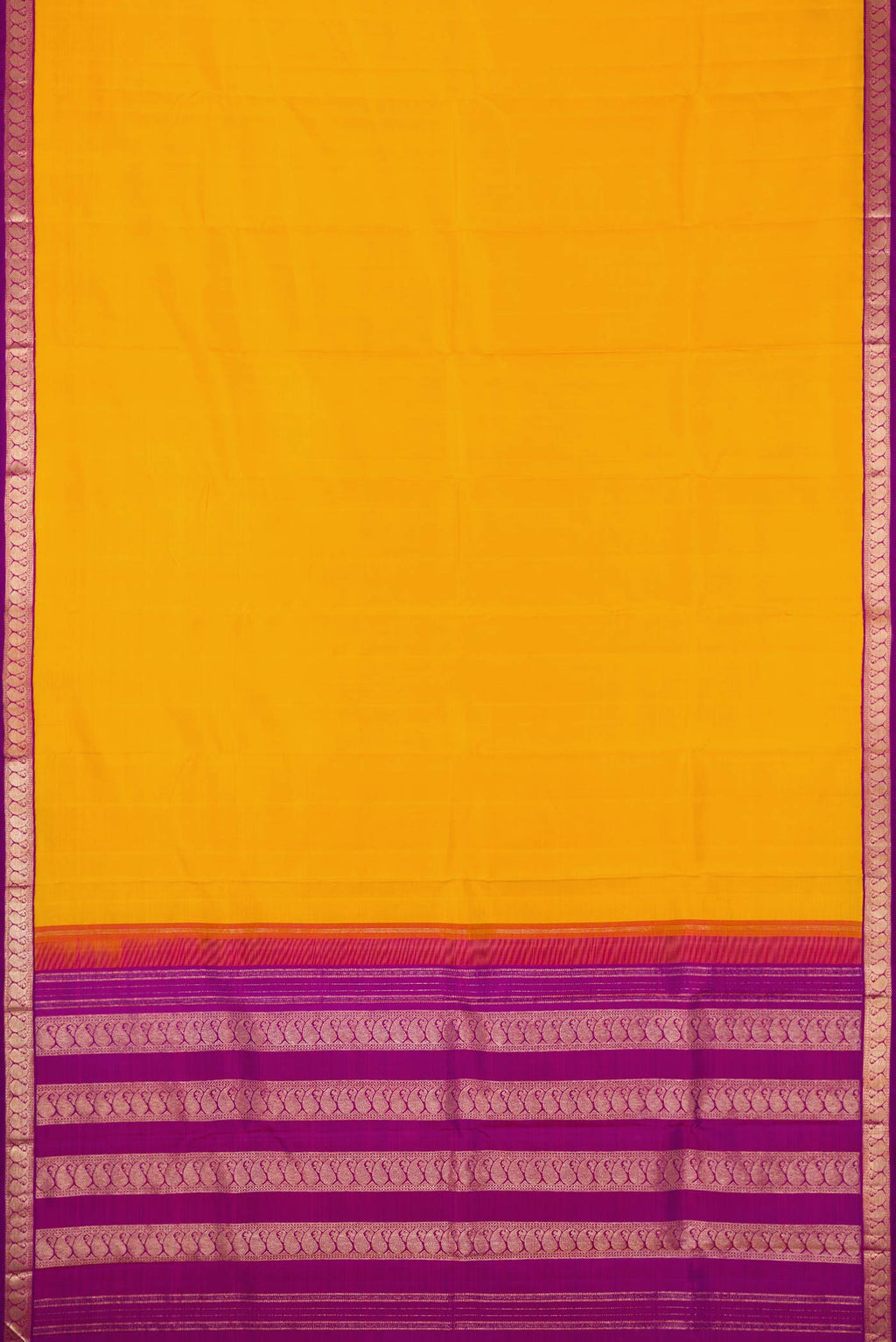 Flat view of Mustard Dual Tone Kanjivaram Silk Saree with Plain Body and Zari Border. 